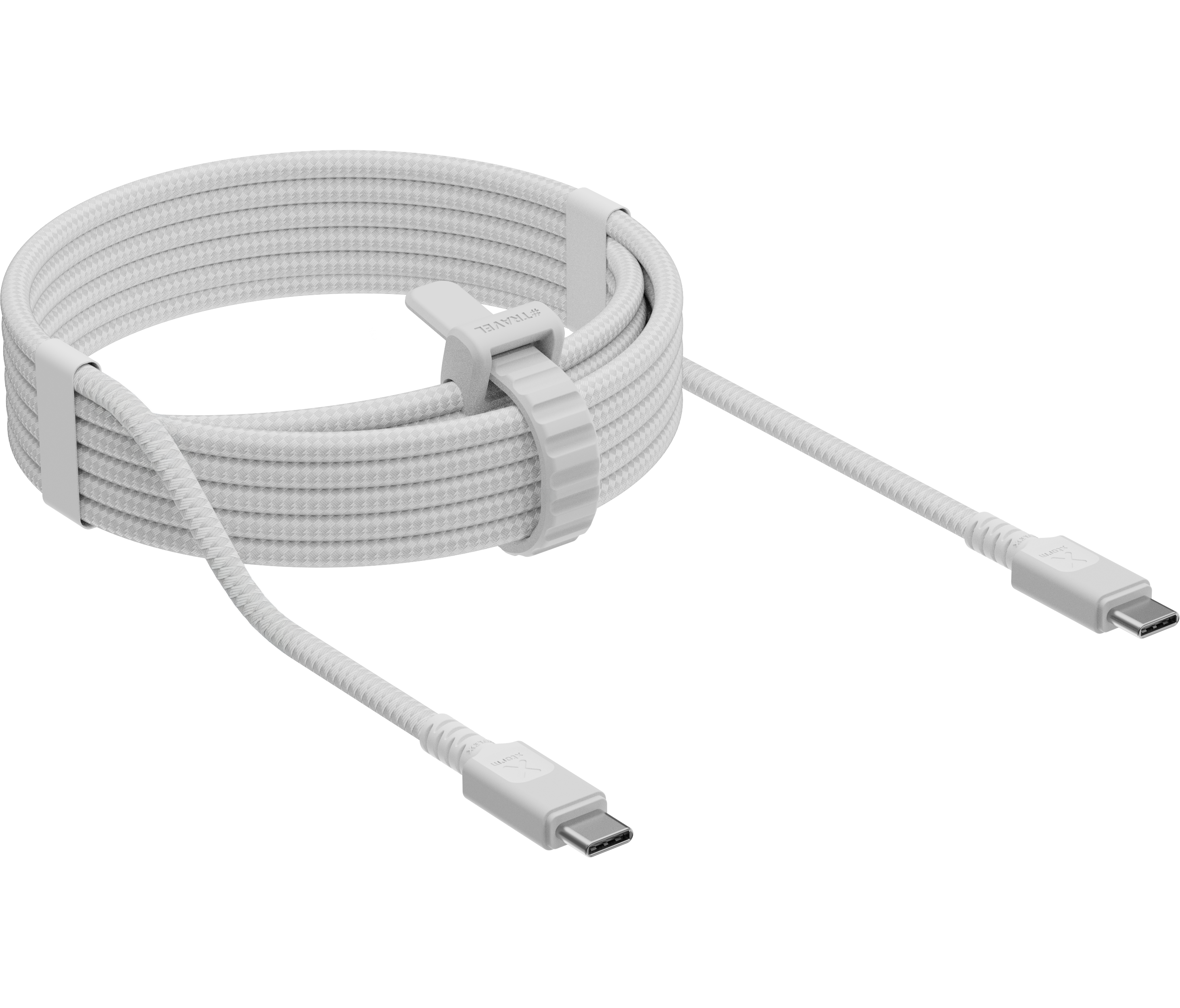 Ein weißes USB-C-Kabel aufgerollt, mit einem weißen Kabelbinder.