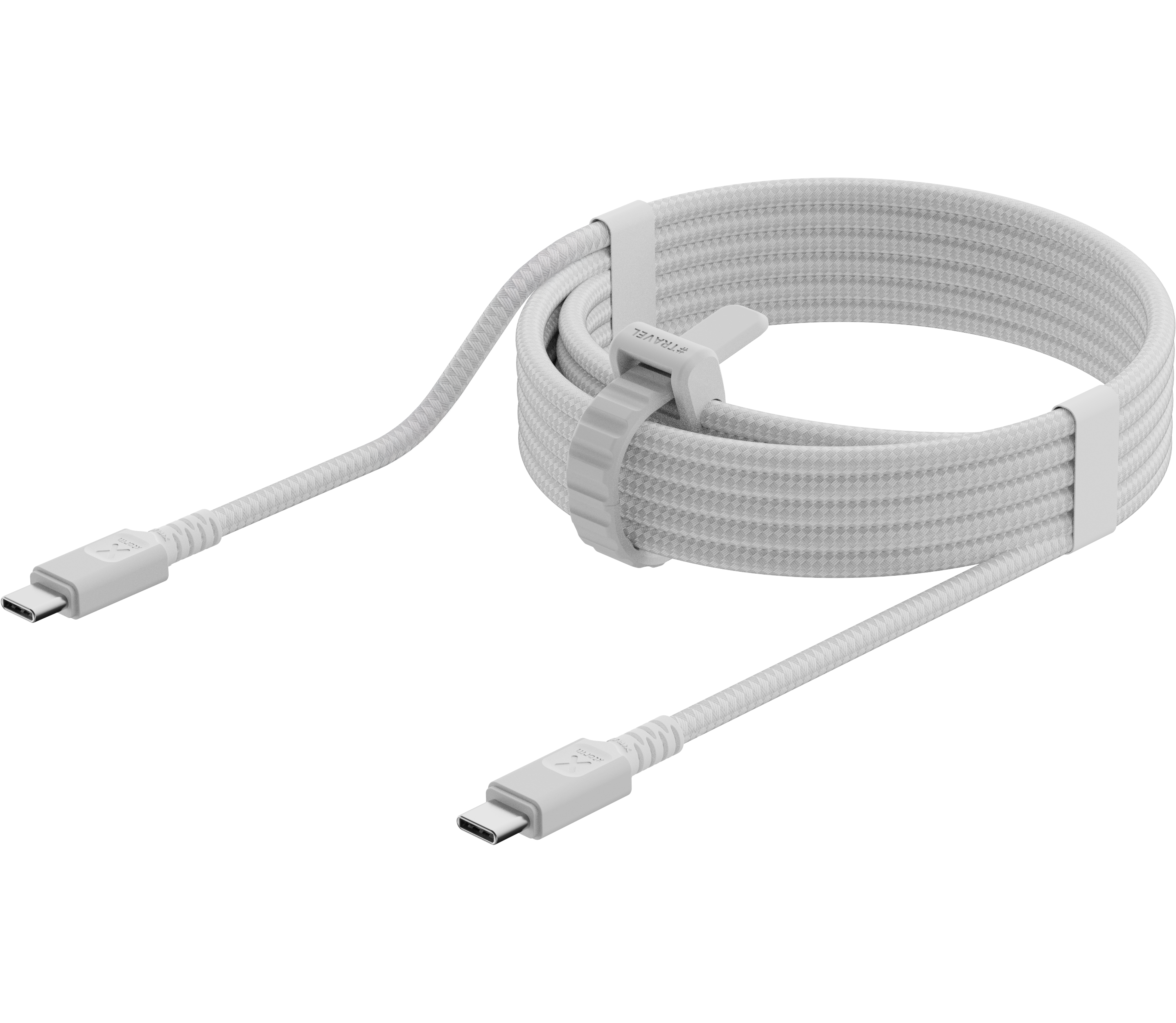 Ein weißes USB-C-Kabel in einer Schlaufe, gehalten von einem weißen Riemen vor schwarzem Hintergrund.