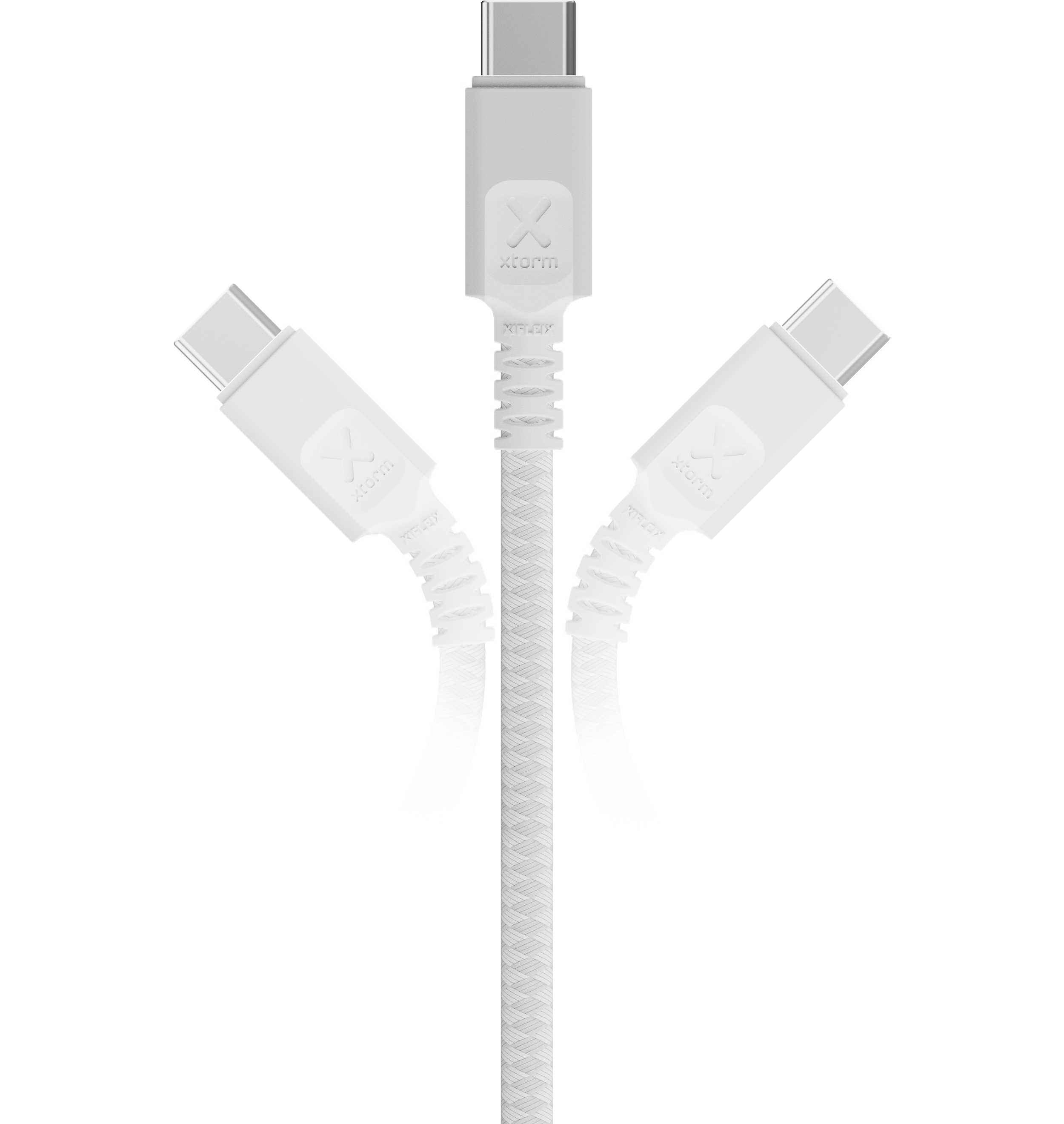 Drei weiße USB-C-Kabel auf schwarzem Hintergrund, verschiedene Winkel.