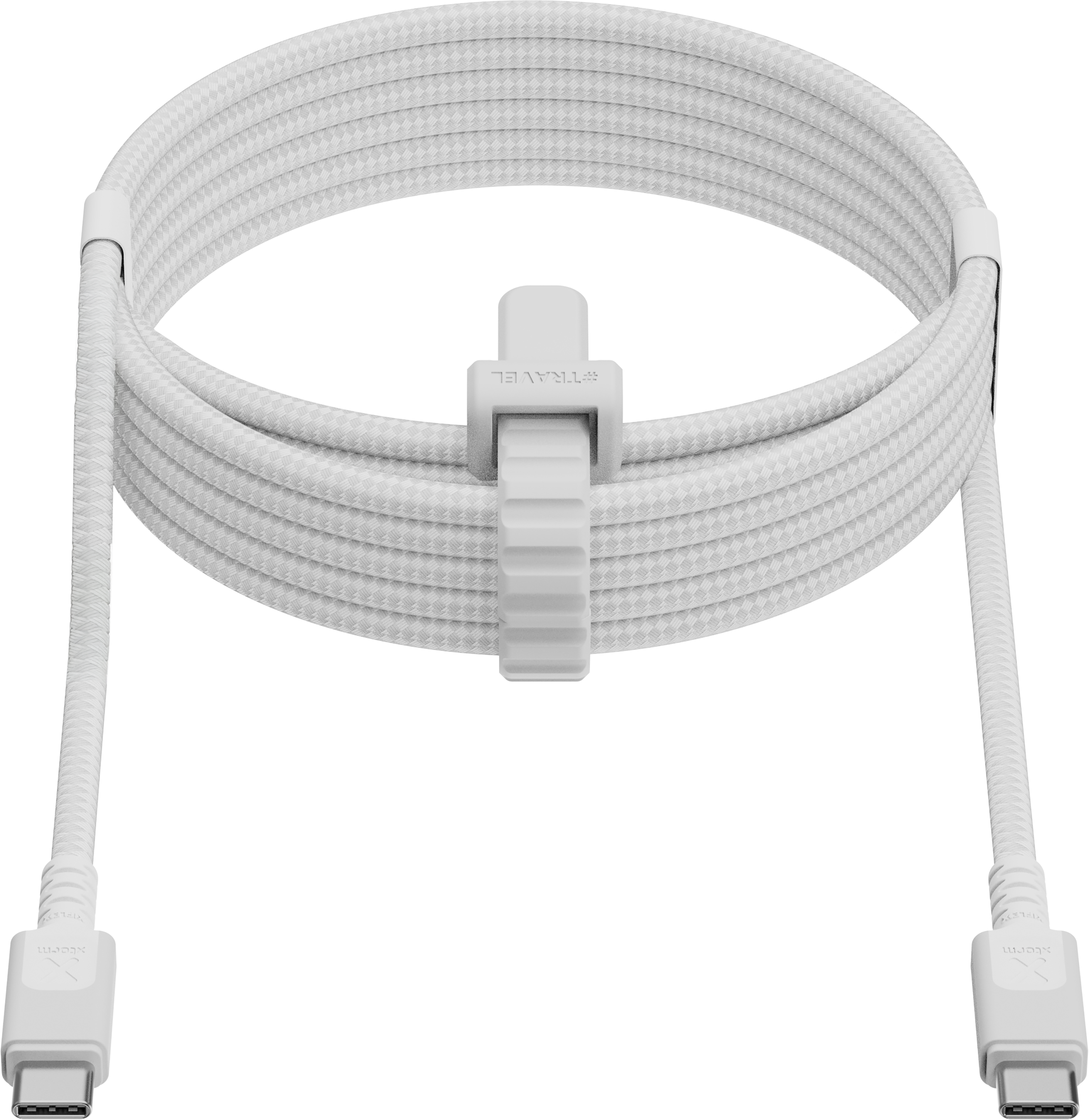 Ein weißes USB-C-Kabel, das mit einem weißen Kabelbinder aufgerollt ist.