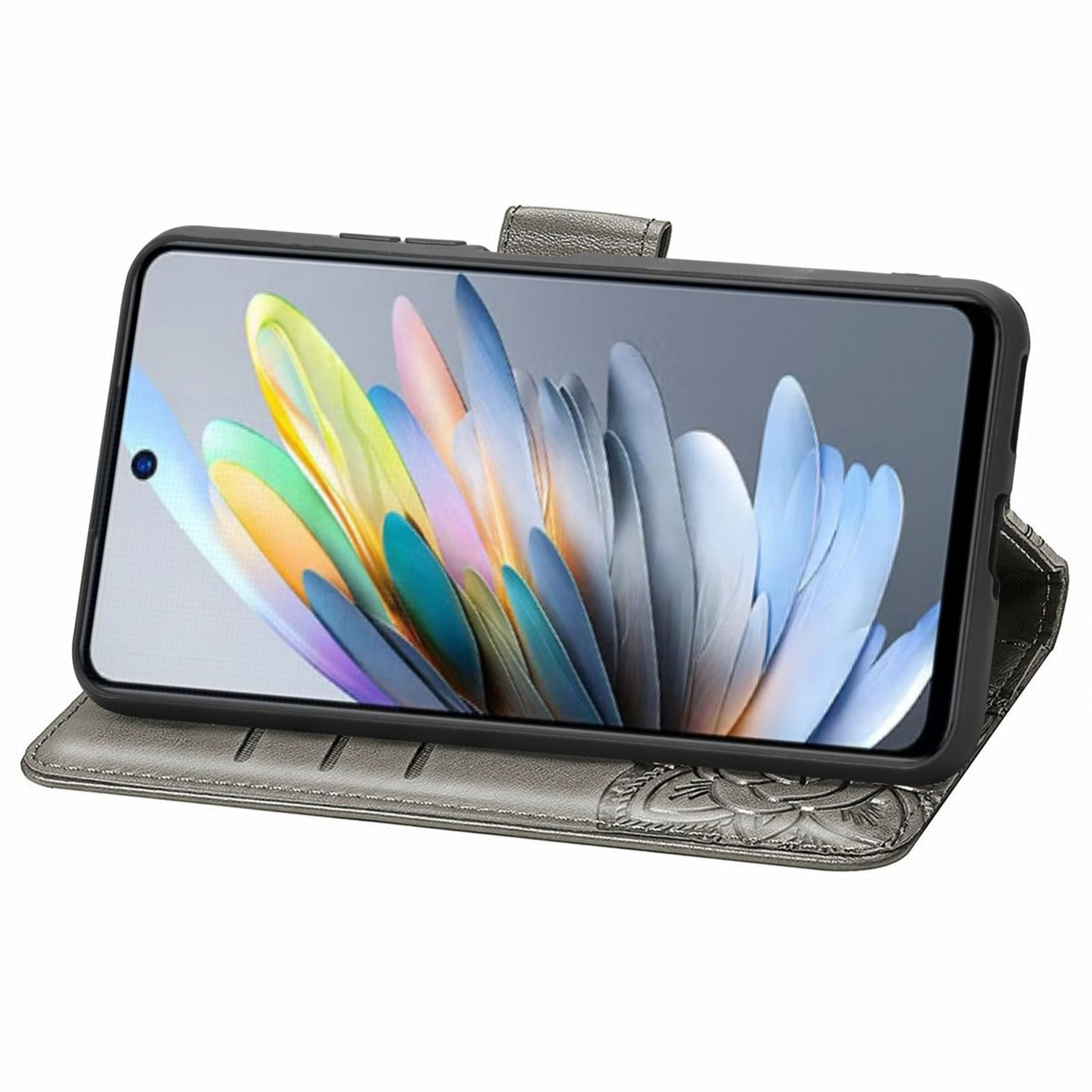 Telefon in grauem Klappetui, geöffnet, um den Bildschirm freizulegen. Das Etui hat ein Blumendesign.