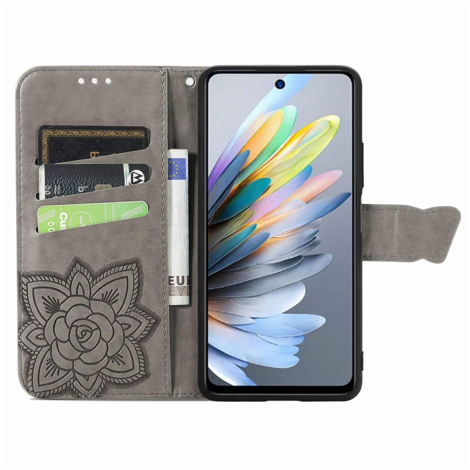 Graue Handyhülle, offen, mit einem Telefon darin. Hat auch Kartenfächer und ein Blumendesign.