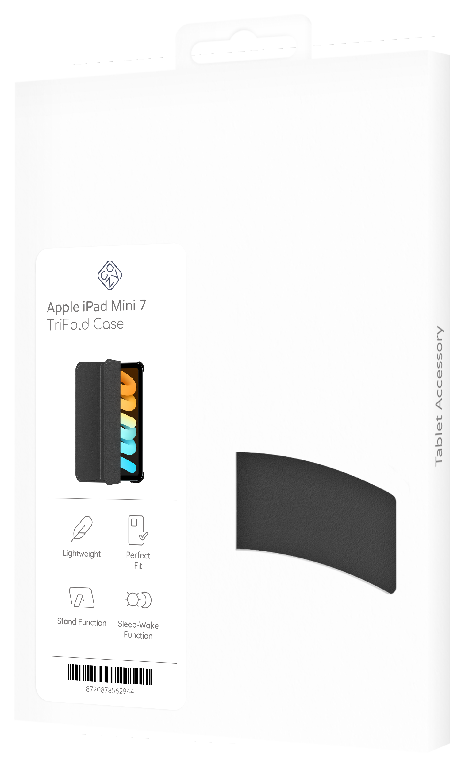 Verpackung für ein iPad Mini 7 TriFold Case, schwarzes Case abgebildet. Weißer Hintergrund.