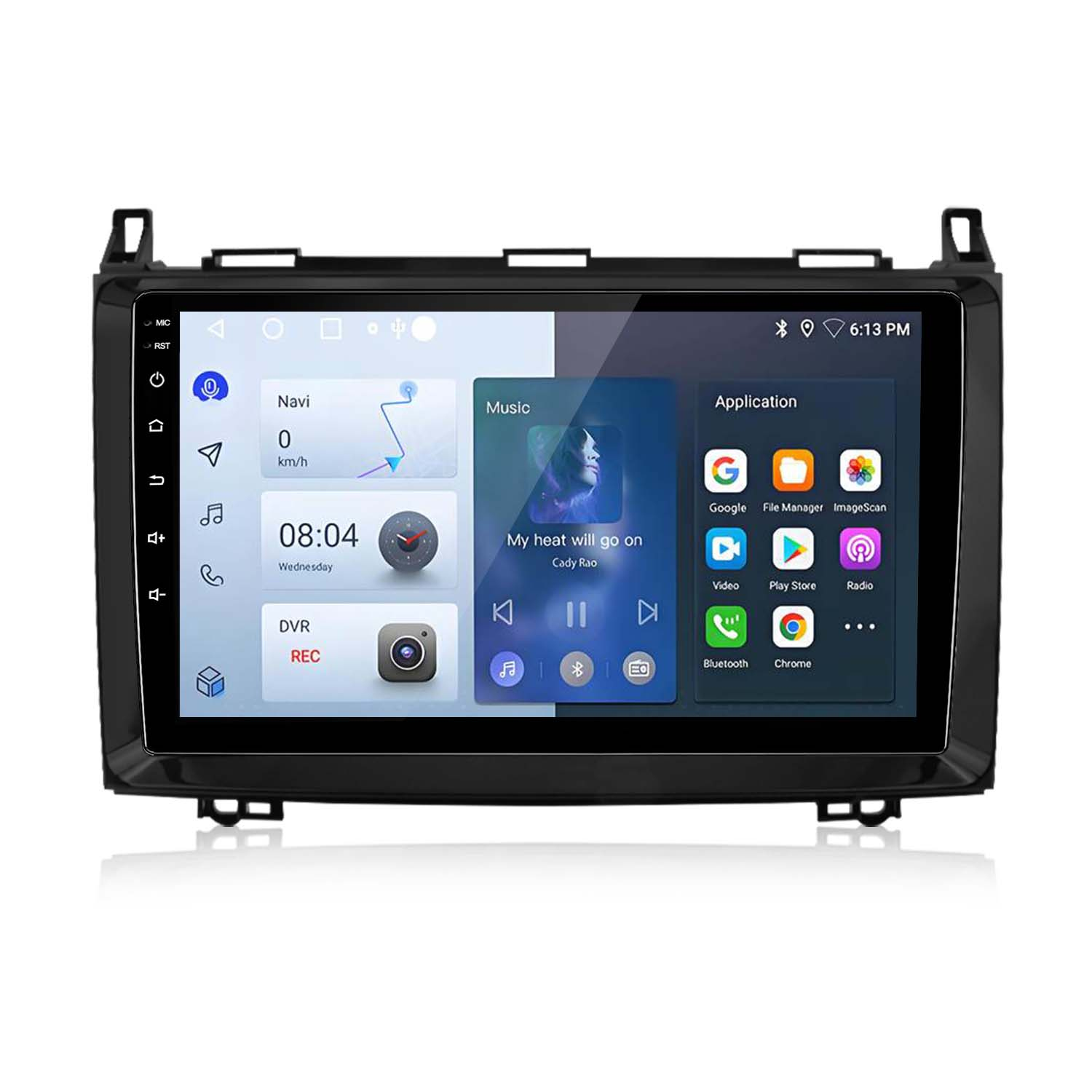 Auto-Stereo-Display mit Navigation, Musik, Anwendungen und Uhrzeit. Schwarzer Rahmen.