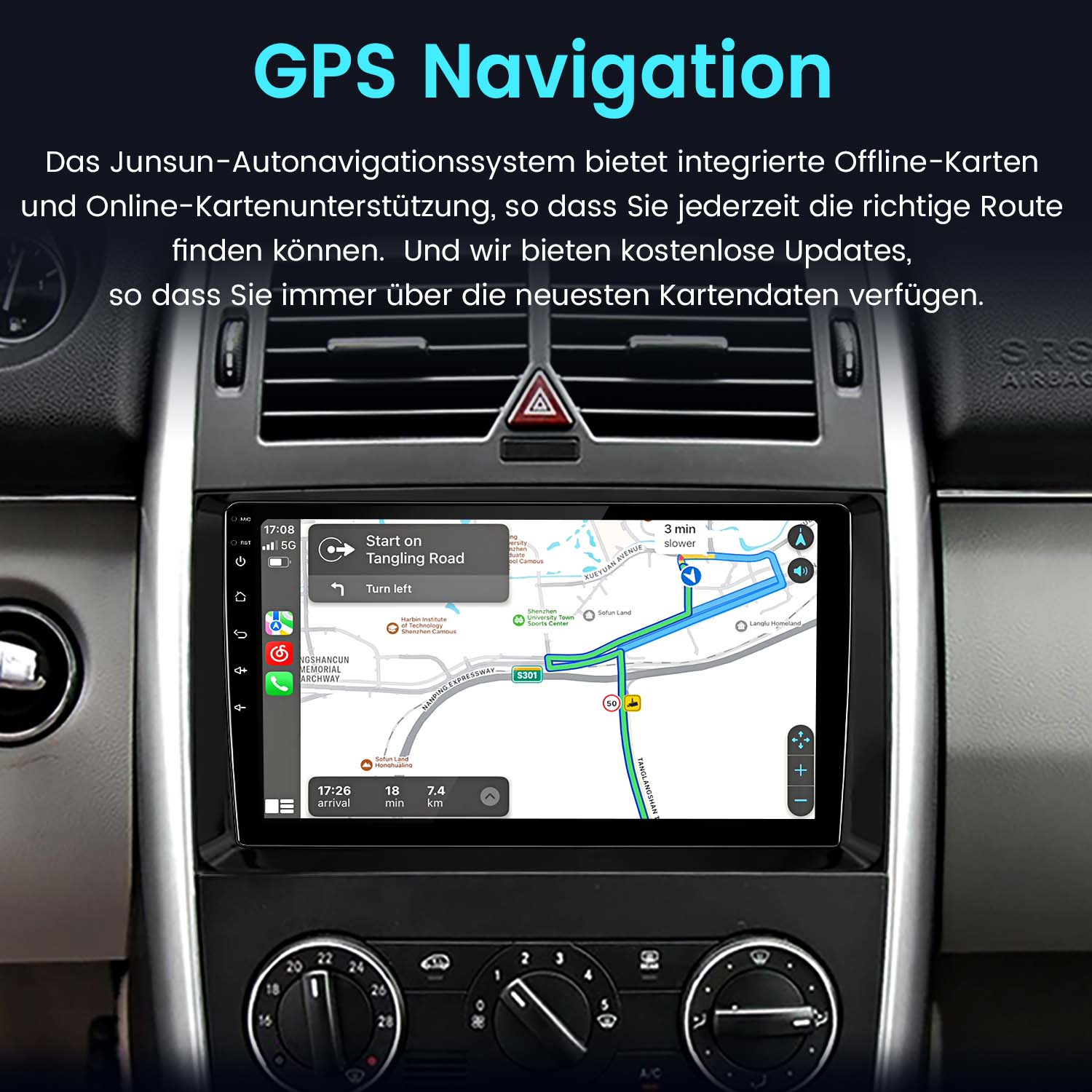 Armaturenbrett eines Autos mit Navigationssystem und Karte.