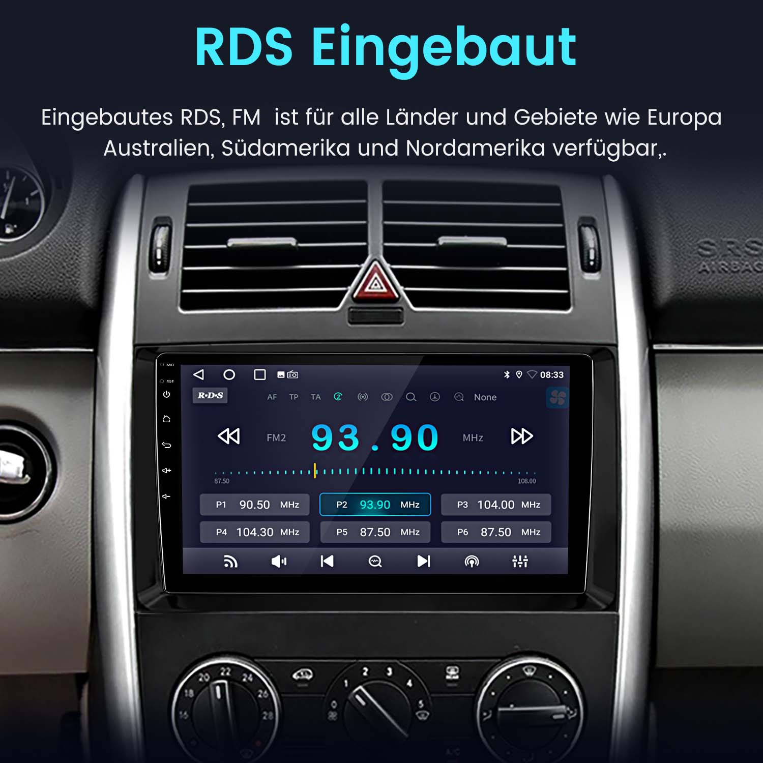 Autoradio mit Bildschirm. Zeigt Radiosender und Einstellungen an. Schwarzes Armaturenbrett, Innenraum.