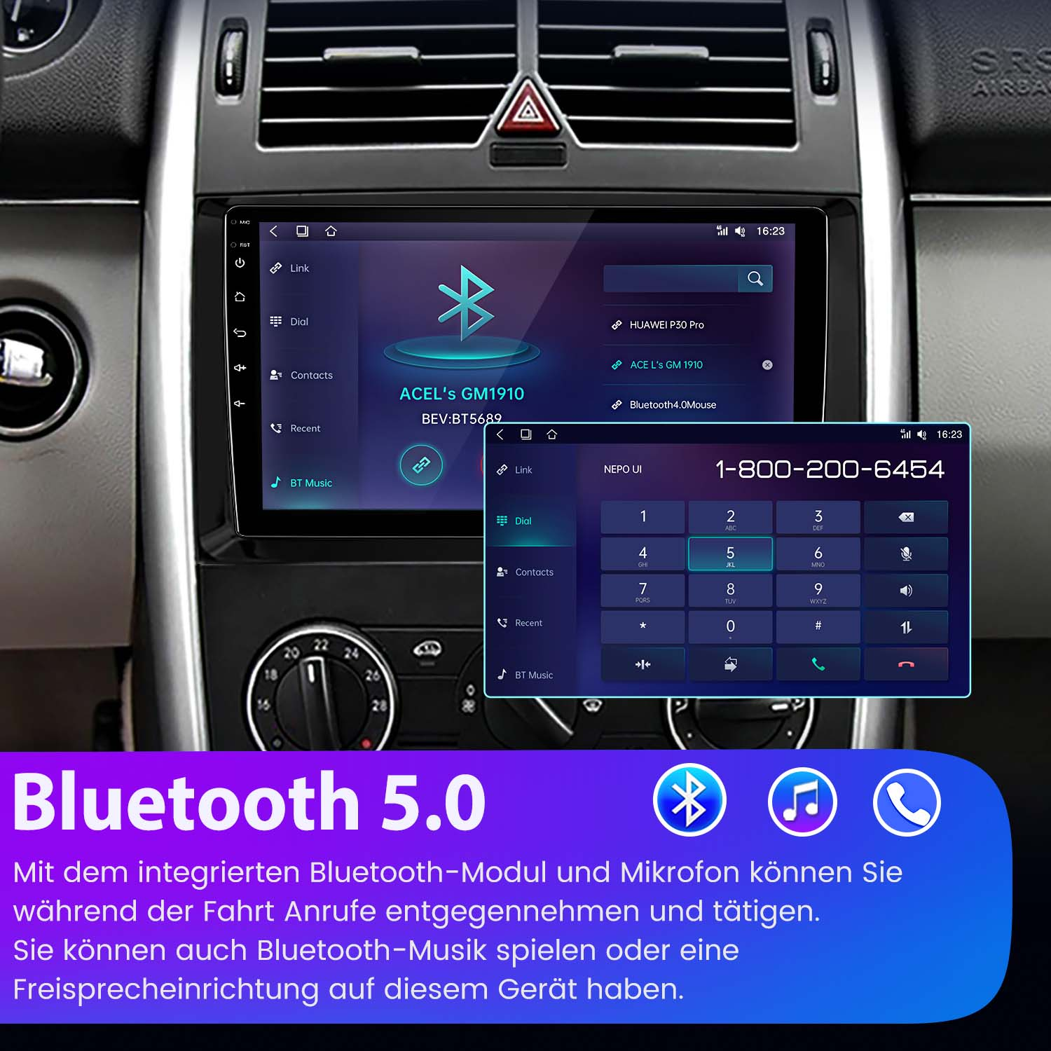 Autoradio mit Bildschirm und Bluetooth 5.0. Der Bildschirm zeigt eine Telefontastatur. Schwarzer Innenraum.
