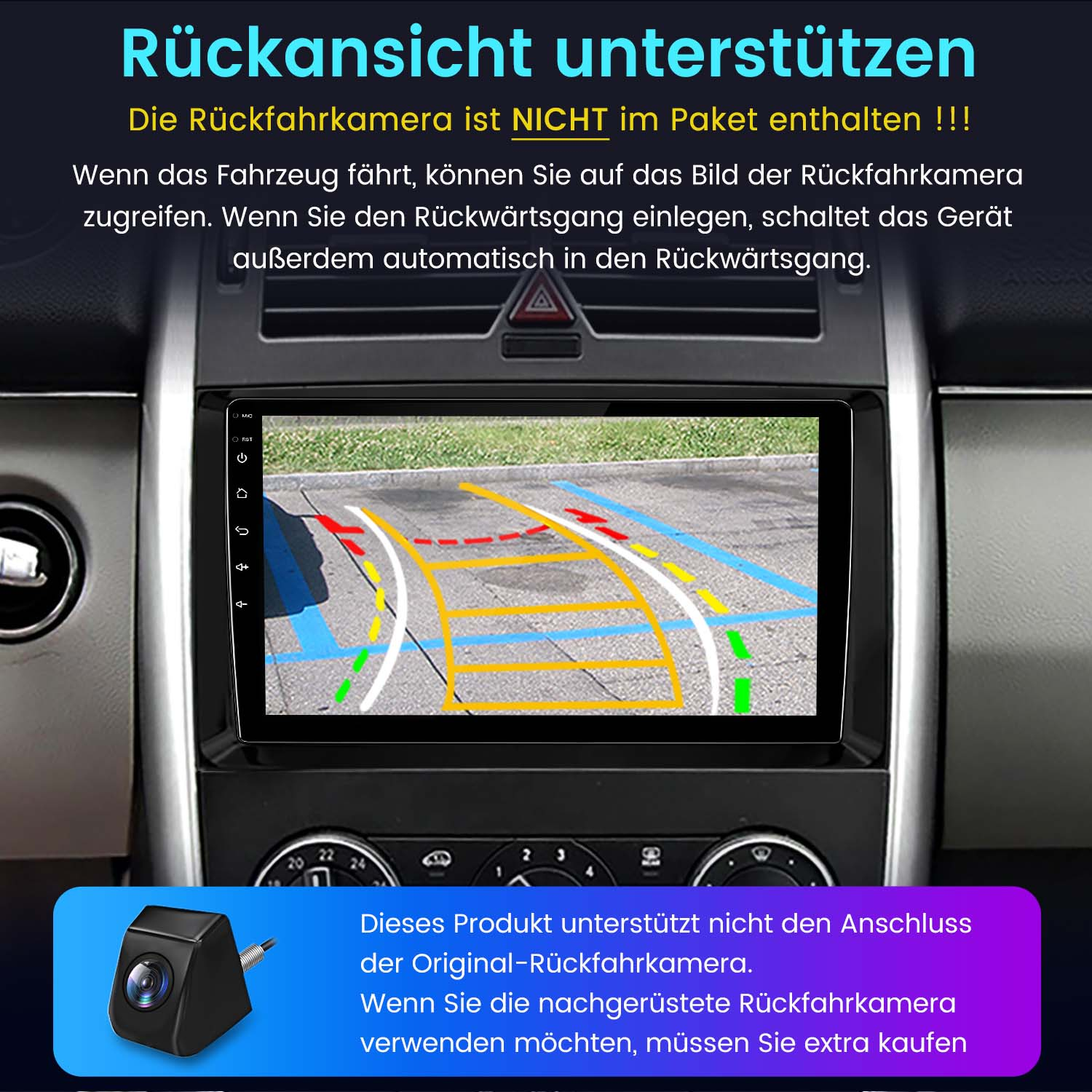 Autoradio mit Bildschirm, zeigt Karte und Rückfahrkamerabild.