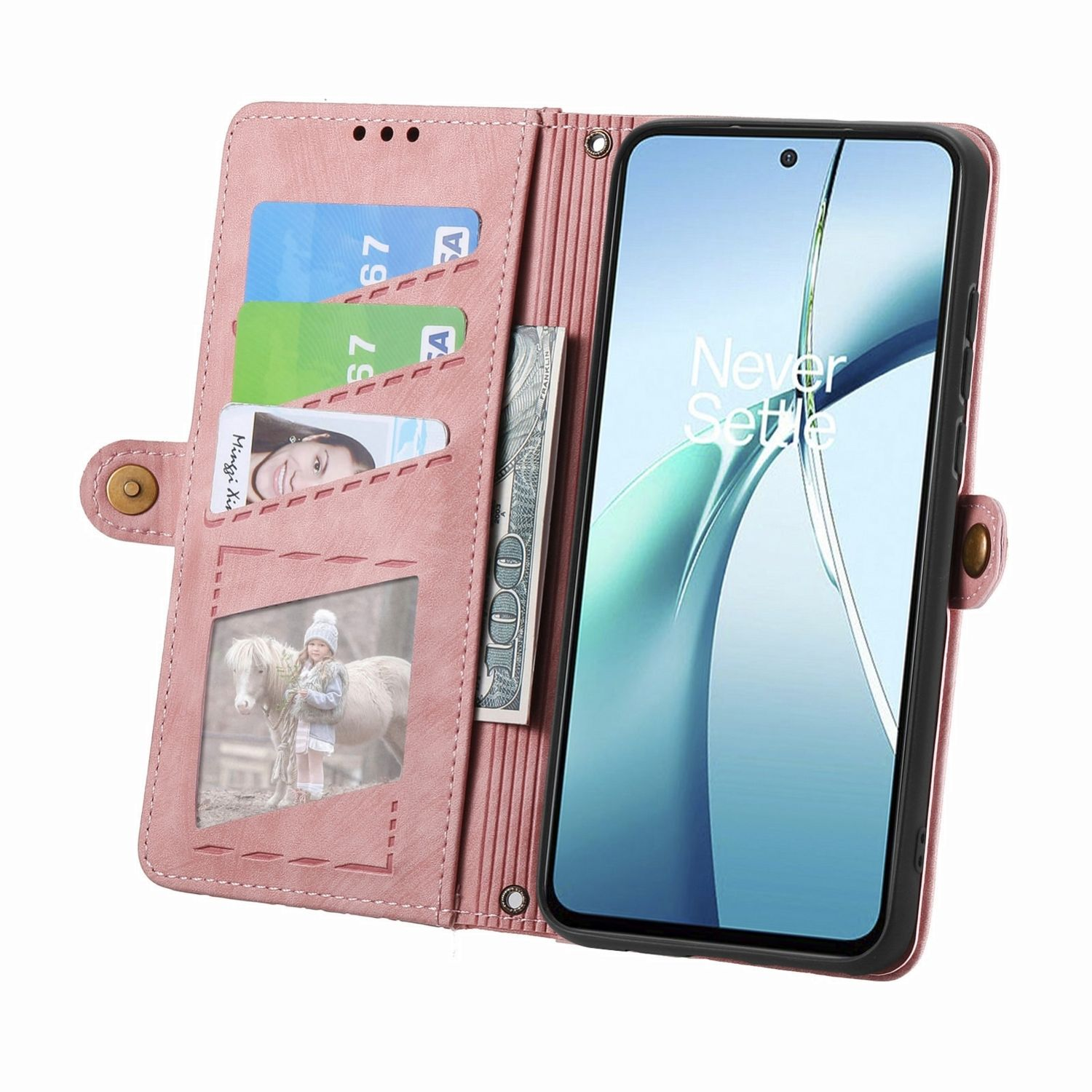 Eine rosa Handyhülle mit Karten, Foto und Geld. Ein Telefon befindet sich in der Hülle.