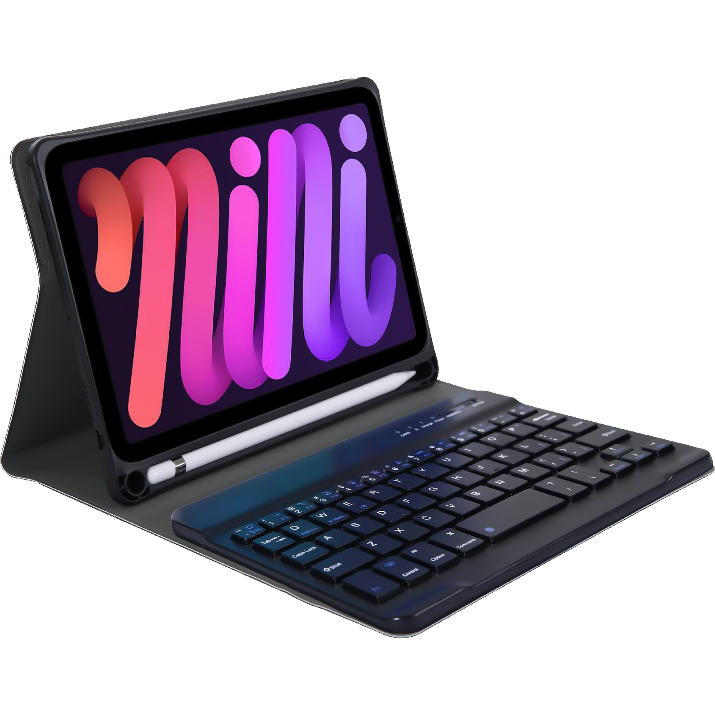 Ein iPad Mini in einem schwarzen Case mit Tastatur. Der Bildschirm zeigt das Wort 'Mini'.