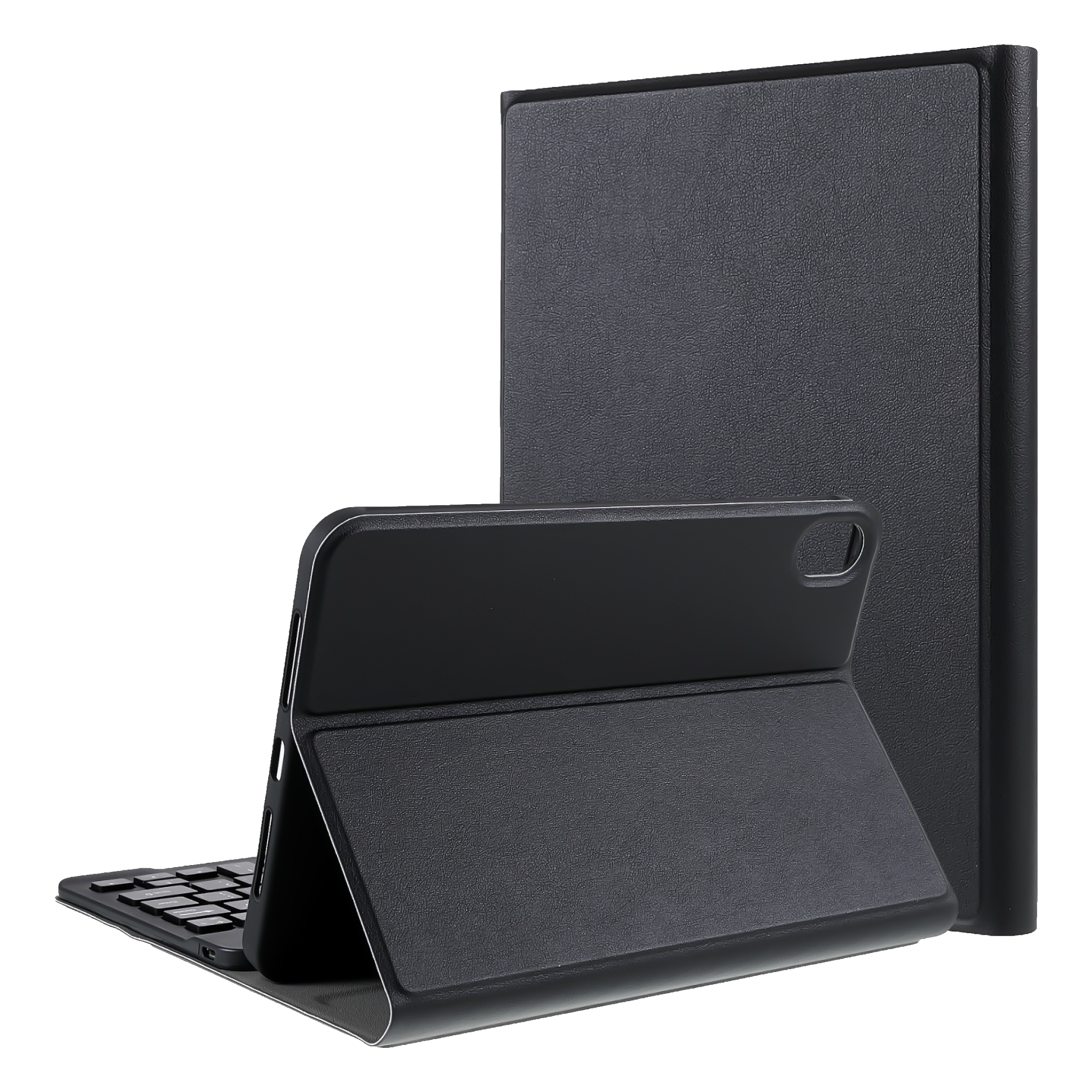 Schwarzes Tablet mit Tastaturhülle auf schwarzem Hintergrund. Die Hülle kann gefaltet werden.