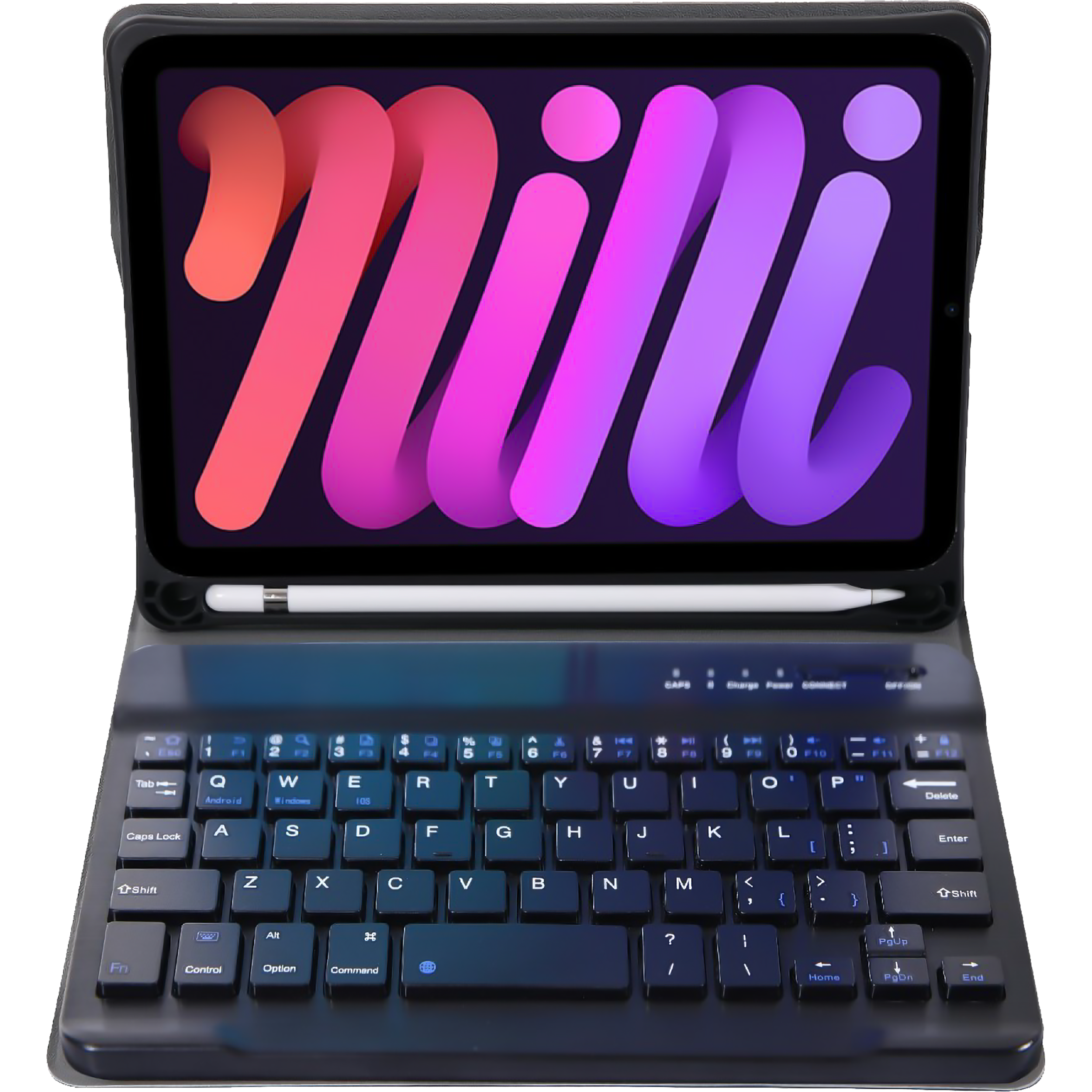 Mini-Tablet mit Tastaturhülle und Stift. Tablet ist schwarz und geöffnet.