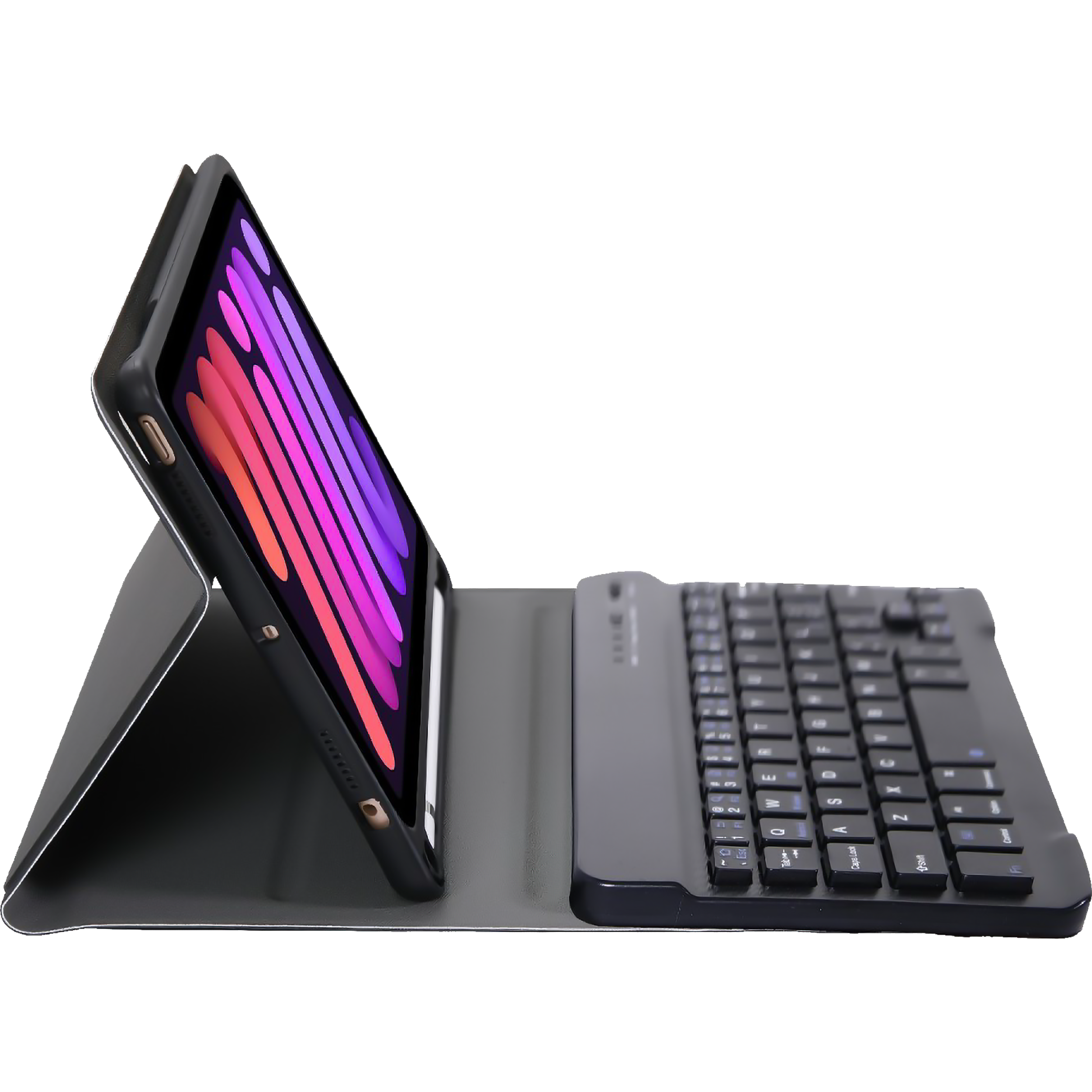 Tablet in einer Hülle mit angeschlossener Tastatur, auf schwarzem Hintergrund.
