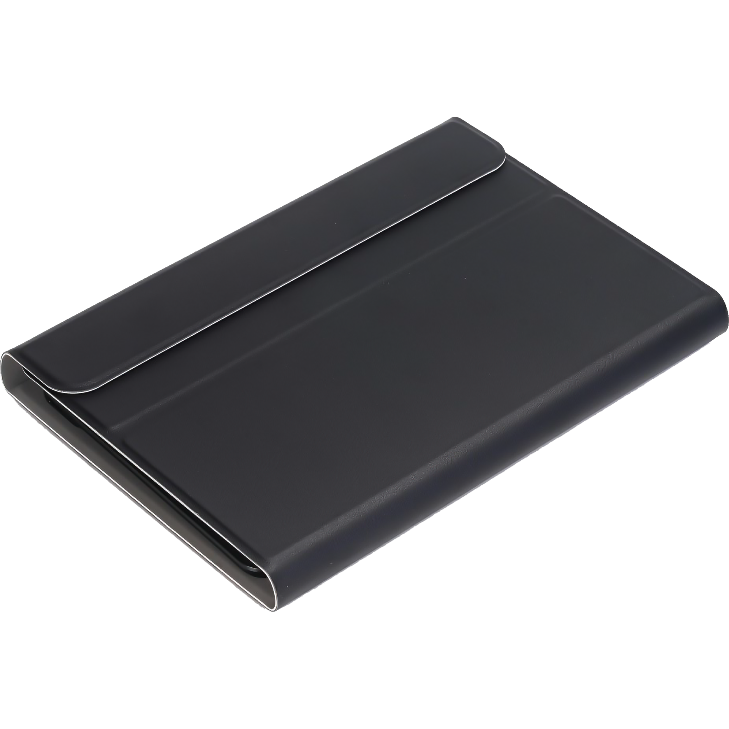 Schwarze Tablethülle mit Klappe, abgewinkelt auf schwarzem Hintergrund. Die Hülle ist geschlossen.
