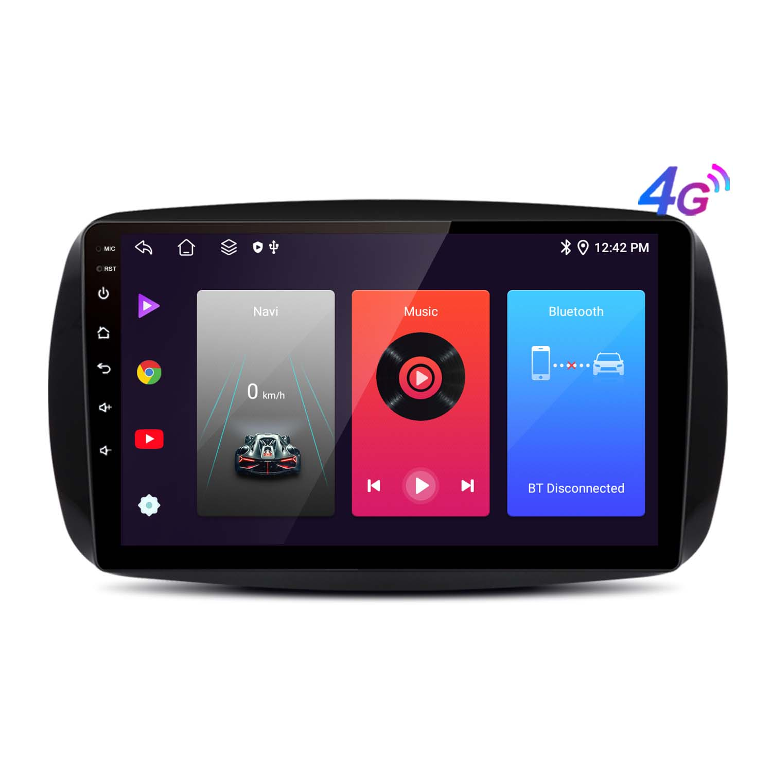Samochodowy system multimedialny z nawigacją, muzyką i opcjami Bluetooth na ekranie.
