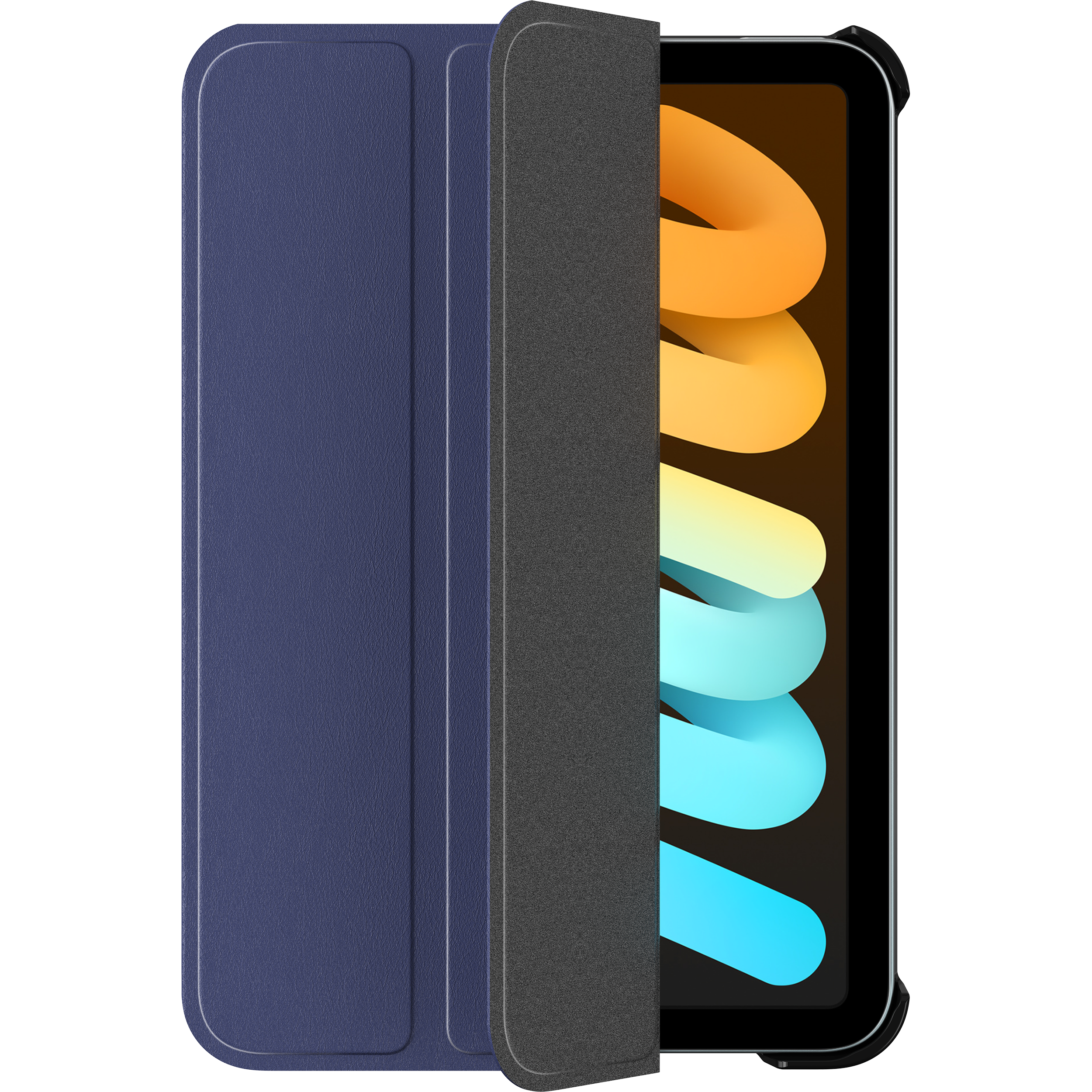 Blaue Tablet-Hülle geöffnet, zeigt Tablet-Bildschirm mit farbenfrohem Hintergrund.