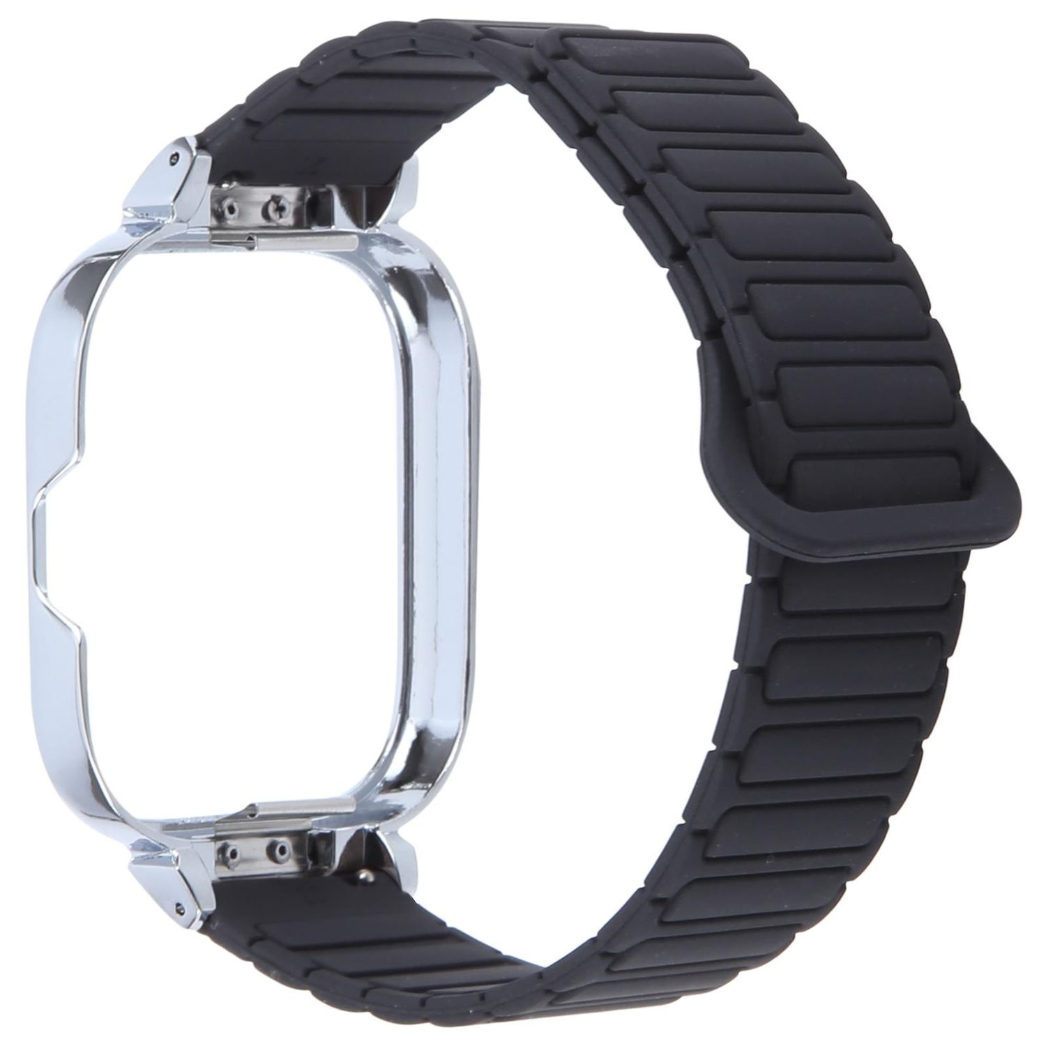 Ein schwarzes Uhrenarmband mit silbernem Metallrahmen, passend für ein elektronisches Gerät.