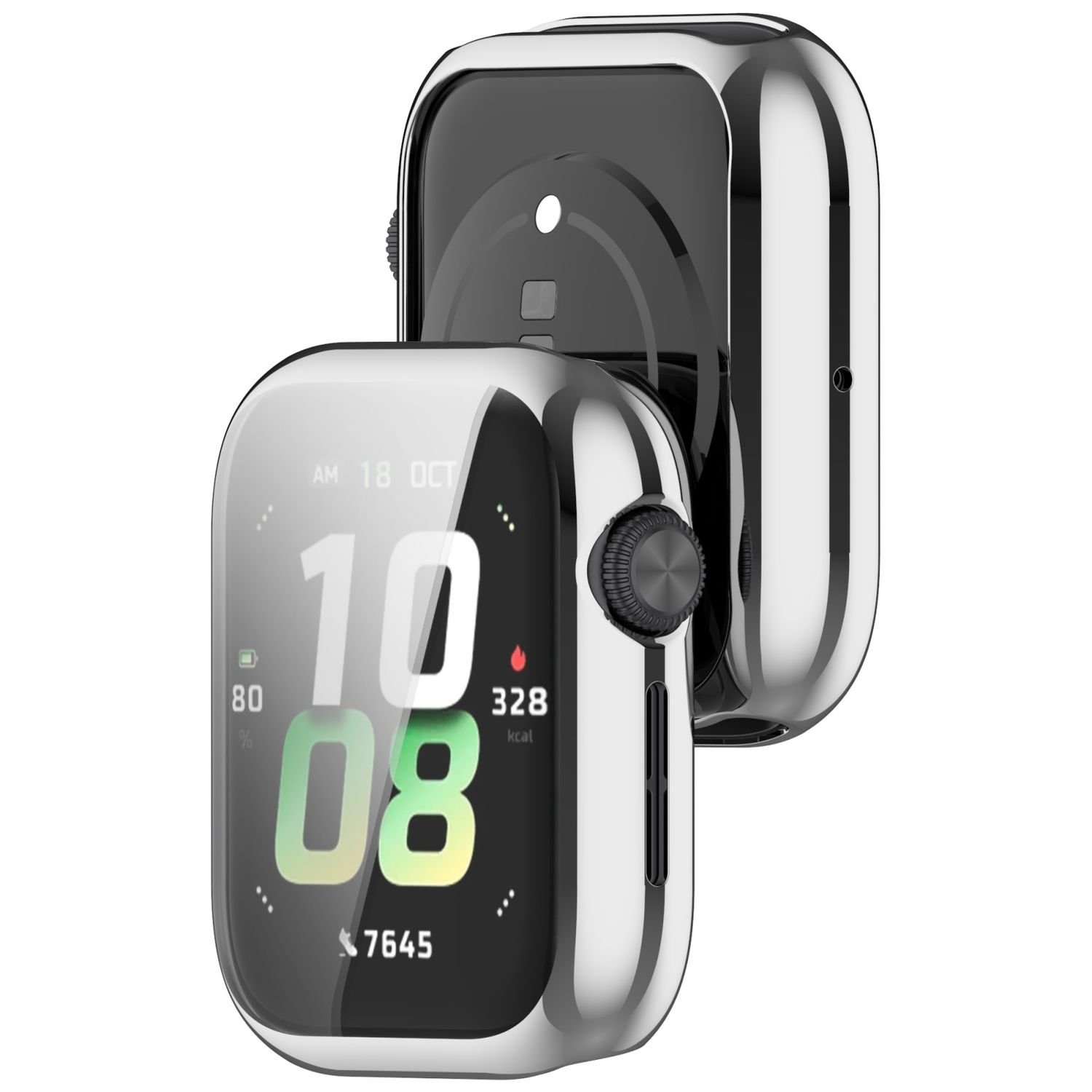 Eine Smartwatch mit silbernem Gehäuse. Der Bildschirm zeigt Zeit, Akku und Kalorien an.