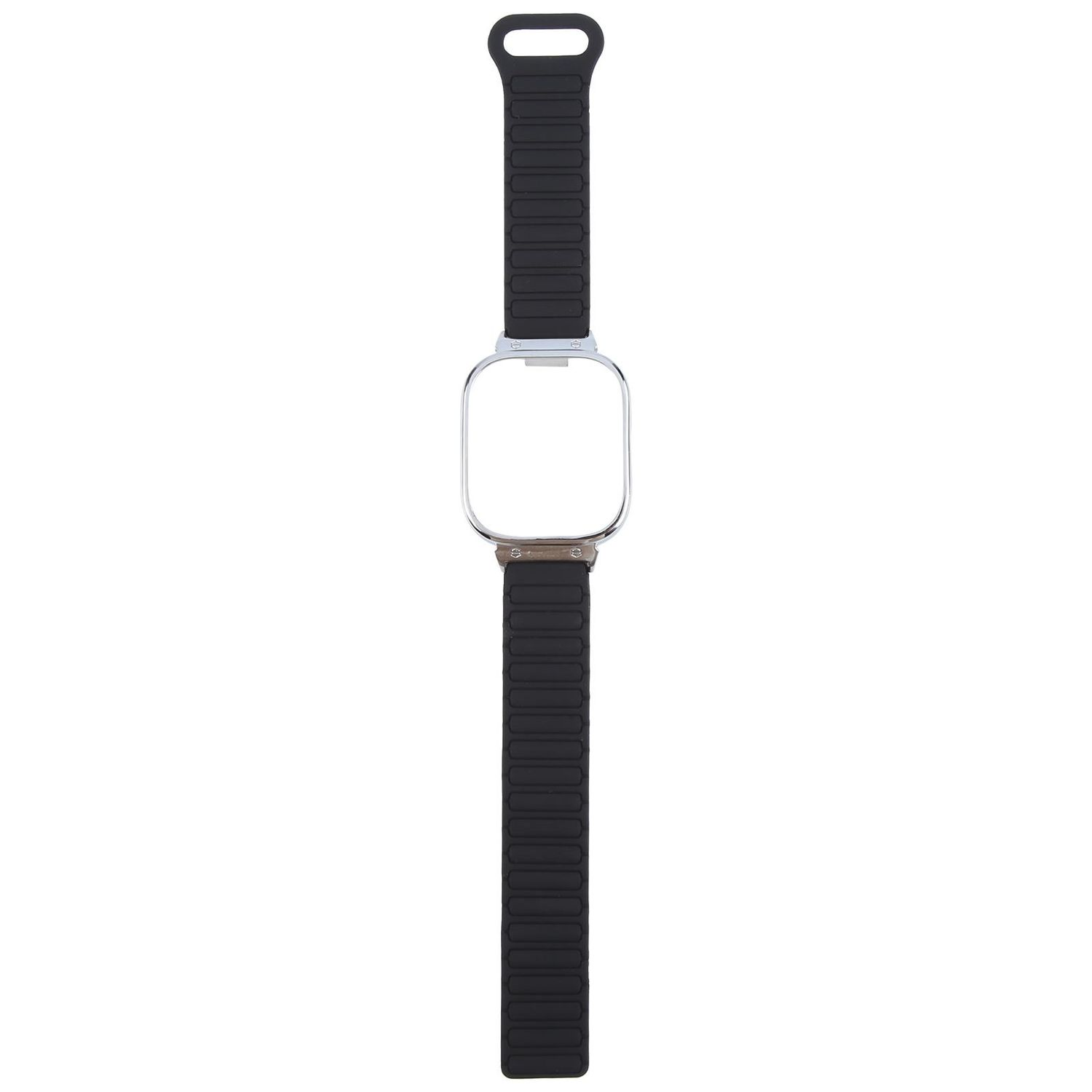 Ein schwarzes und silbernes Uhrenarmband auf weißem Hintergrund. Das Armband ist offen.