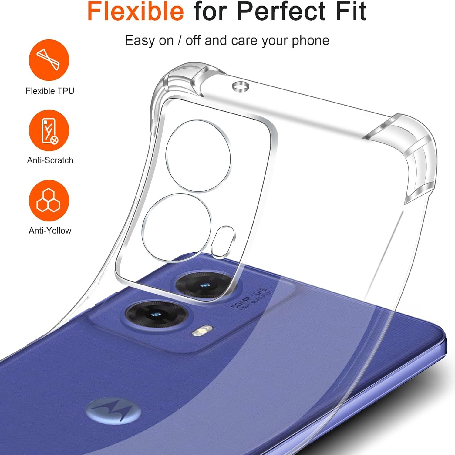 Transparente Handyhülle auf einem lila Telefon. Die Hülle betont Flexibilität, Kratzschutz und Anti-Gelb-Eigenschaften.