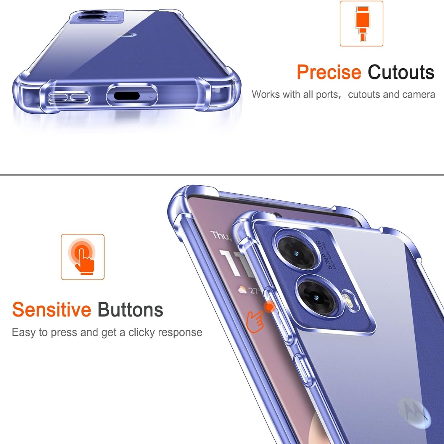 Transparente Handyhülle auf einem Telefon. Text zeigt präzise Aussparungen und empfindliche Tasten.