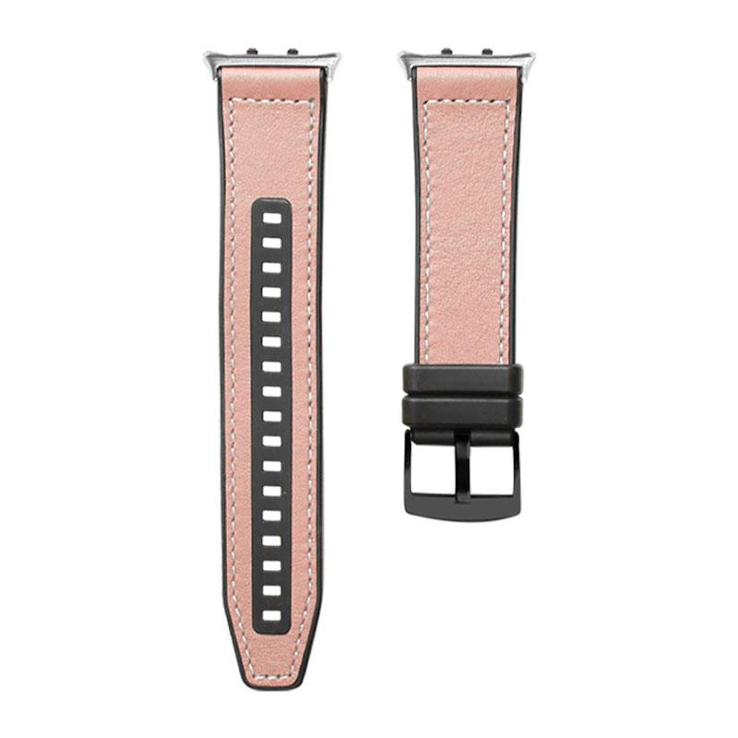 Rosafarbene Uhrenarmbänder mit schwarzer Hardware. Eines hat eine Schnalle, das andere einen Stift.