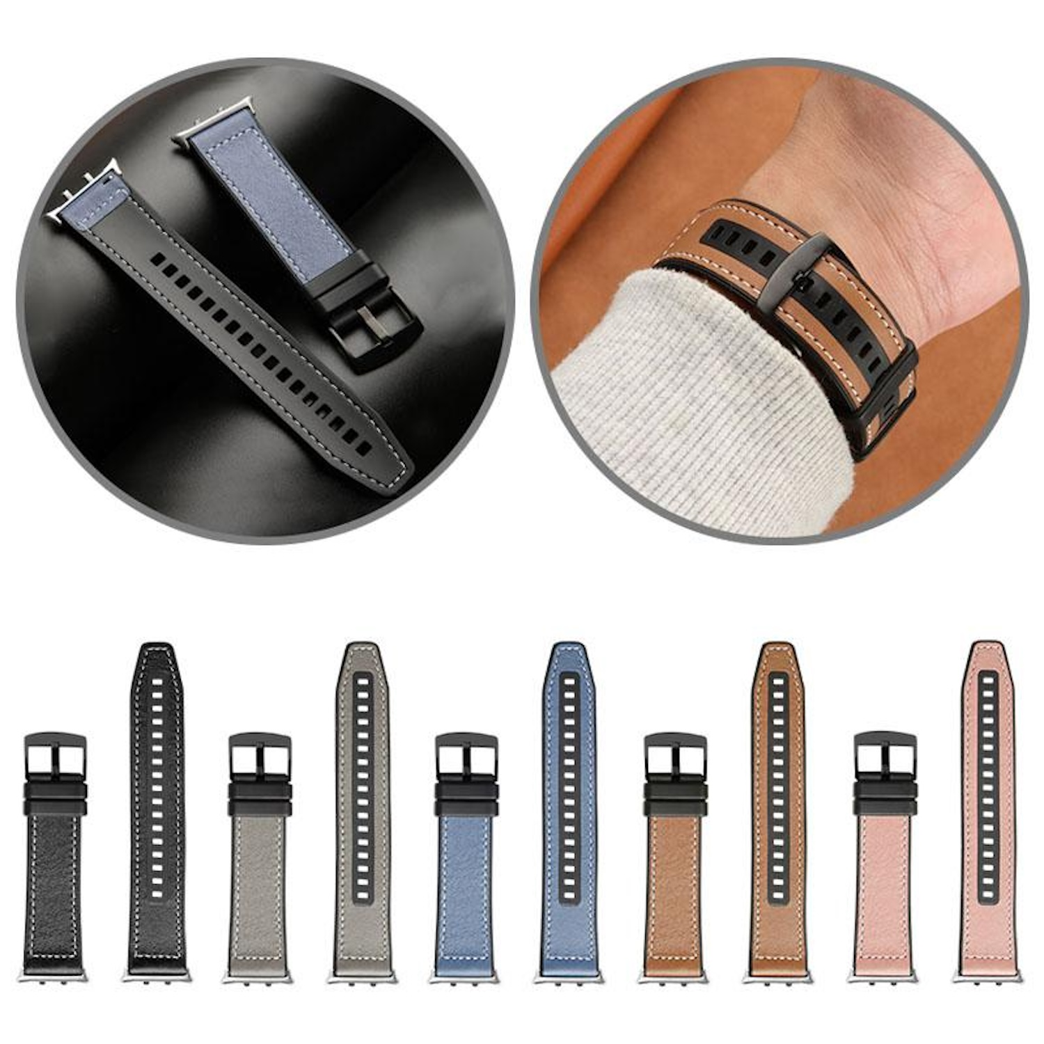 Verschiedene Smartwatch-Armbänder in verschiedenen Farben und Stilen, eines am Handgelenk.