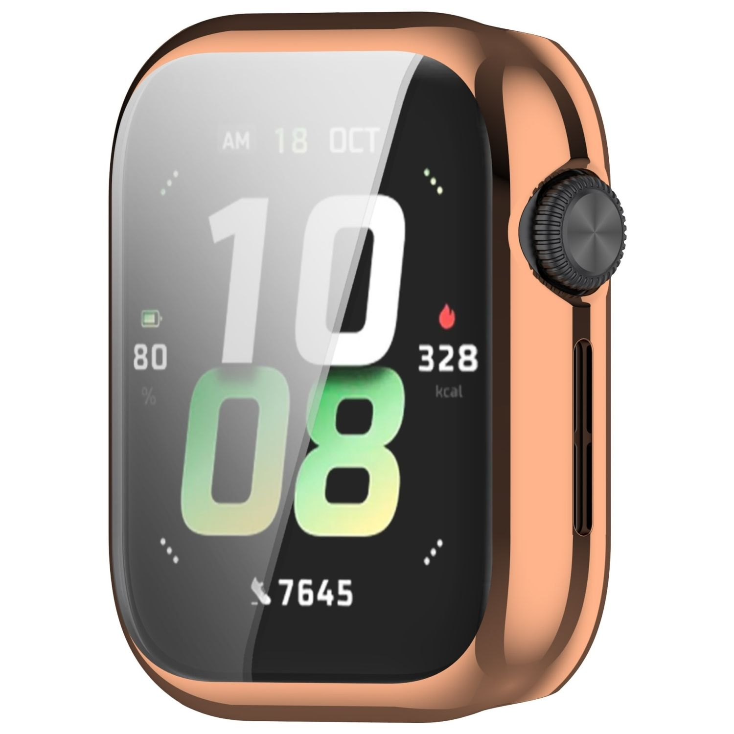 Roségoldene Smartwatch mit schwarzem Knopf und Display mit Zeit und Statistiken.