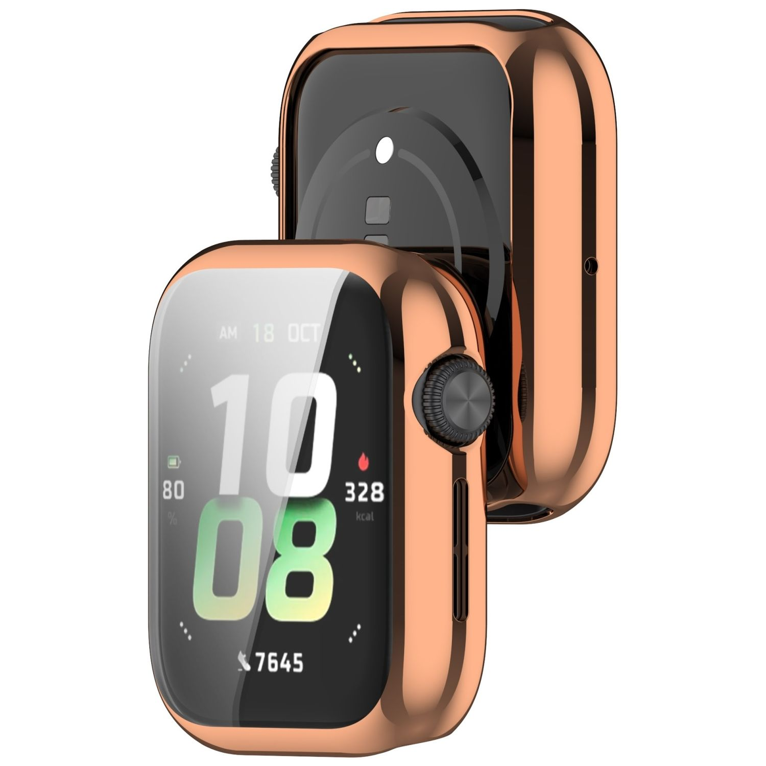 Kupferfarbene Smartwatch-Hülle auf weißem Hintergrund, Bildschirm zeigt Uhrzeit.