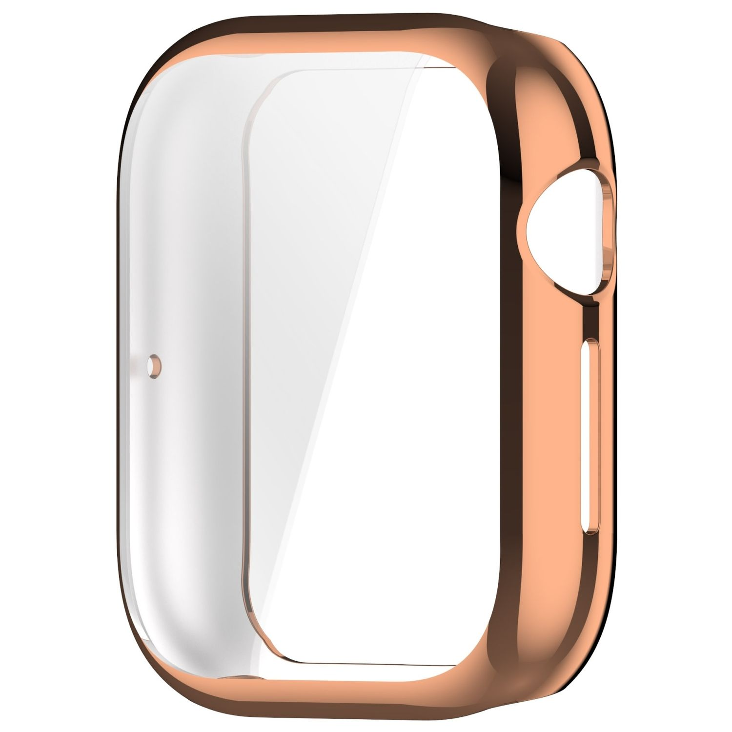 Roségoldene Uhrenhülle mit transparentem Bildschirm. Sie hat ein geschwungenes Design und ein Loch für die Krone.