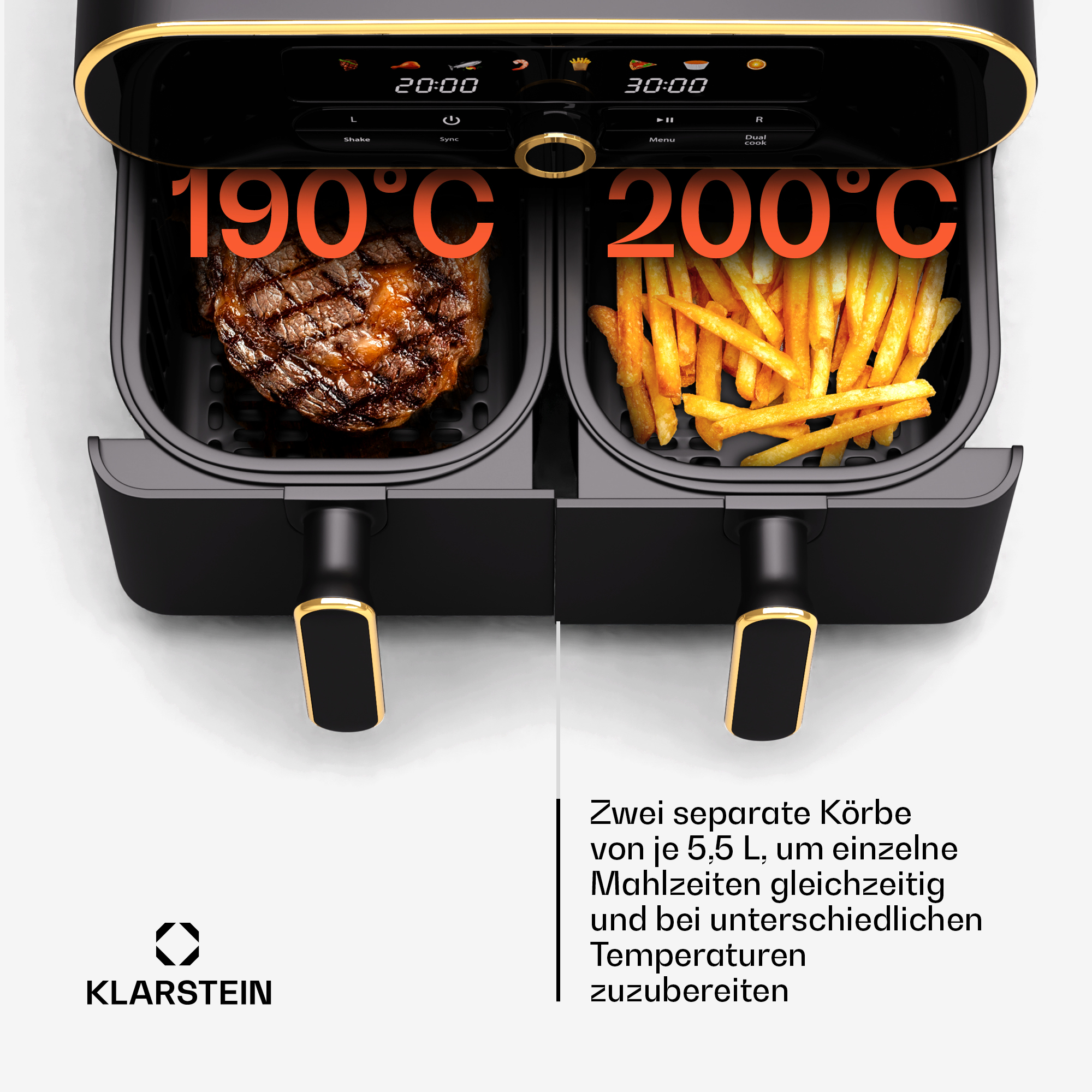 Una friggitrice ad aria con due scomparti. Uno ha bistecca, l'altro patatine fritte. Le temperature sono 190°C e 200°C.