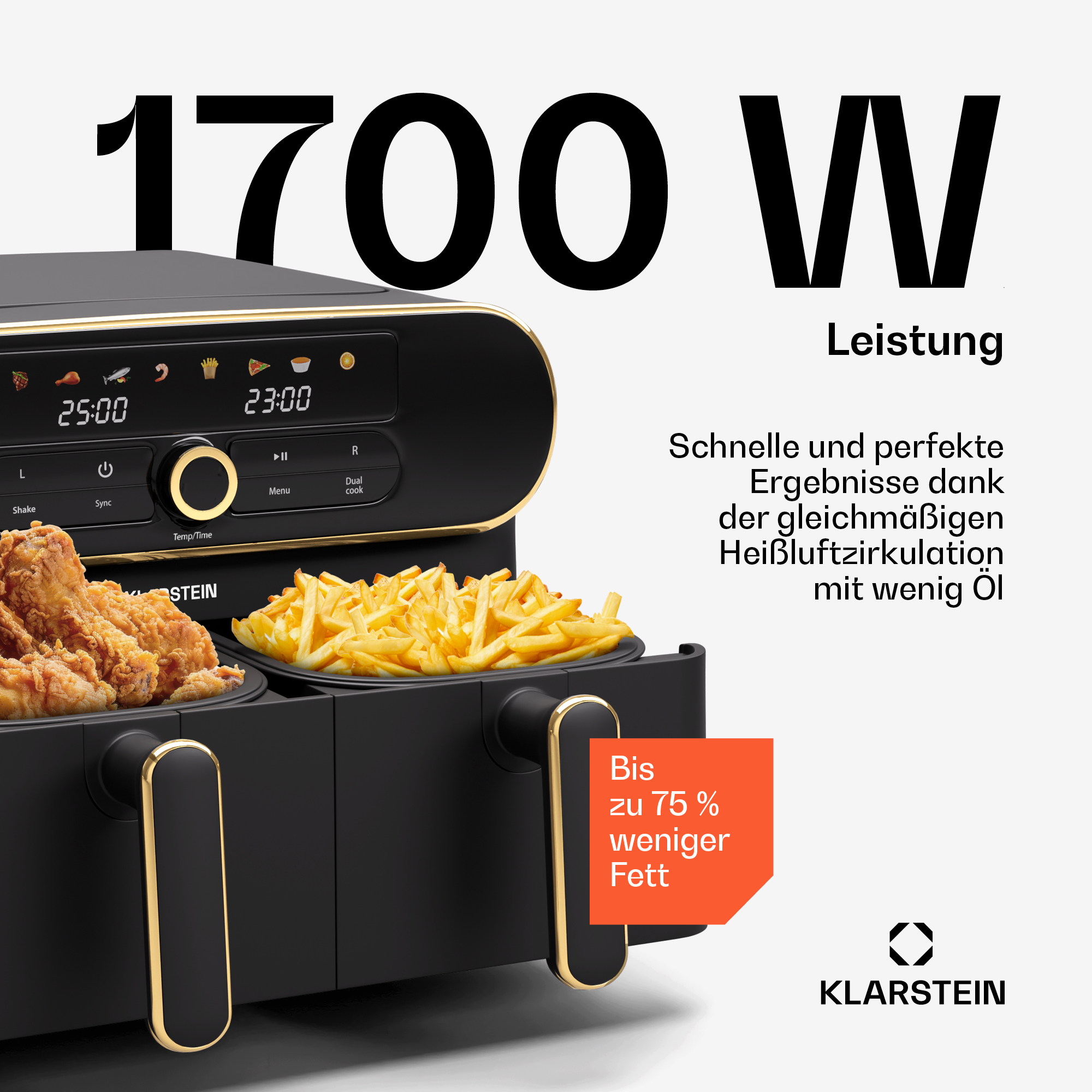 Friggitrice ad aria nera con cibo fritto. Il display mostra l'ora e la potenza. Il testo dice '1700W'.