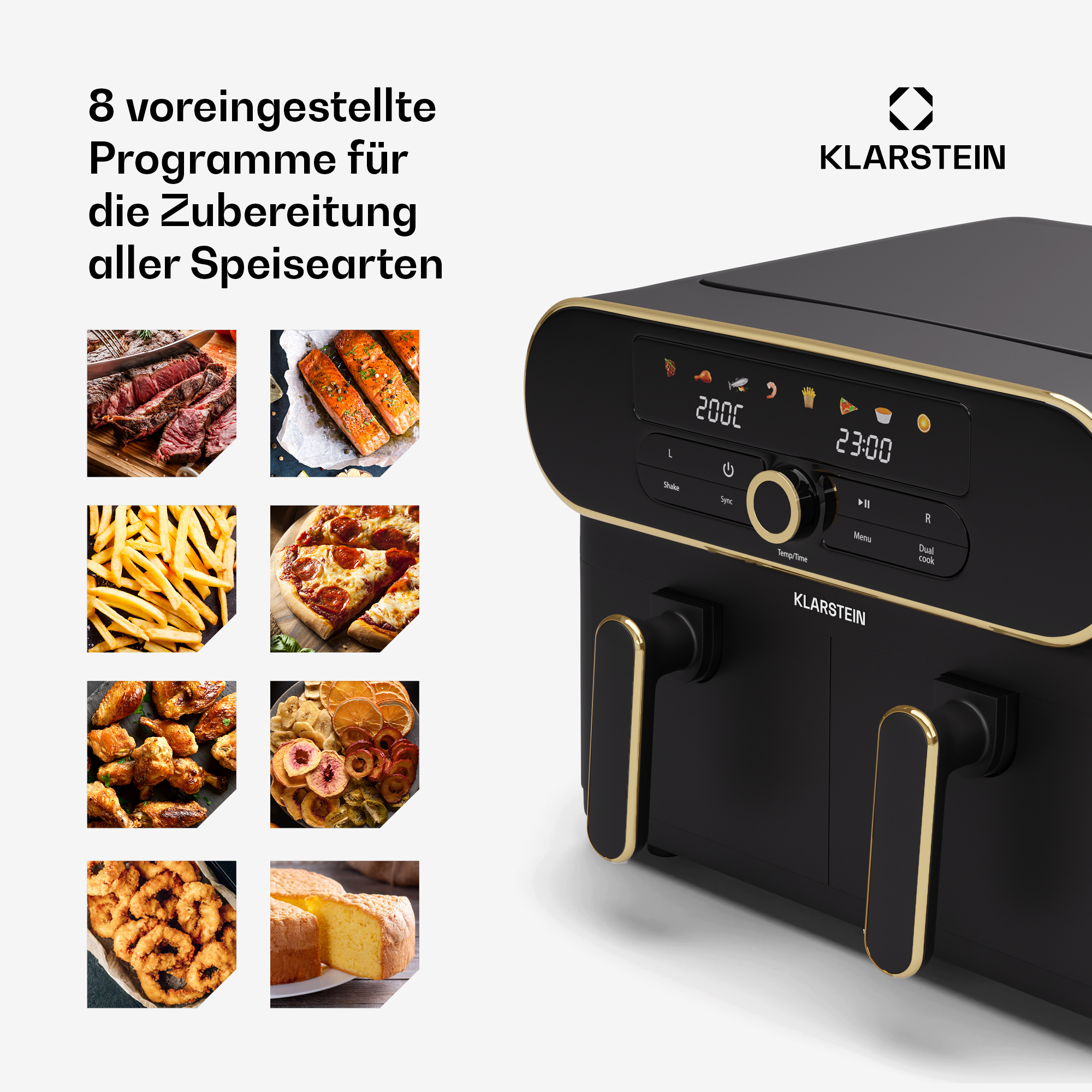 Friggitrice ad aria nera con dettagli dorati, immagini di cibo e display digitale.