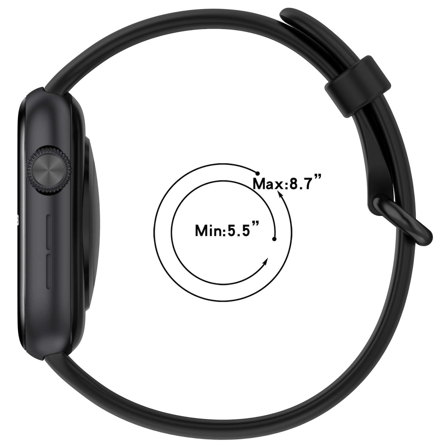 Schwarze Smartwatch mit Armband, zeigt Größenbereich von 5,5" bis 8,7".