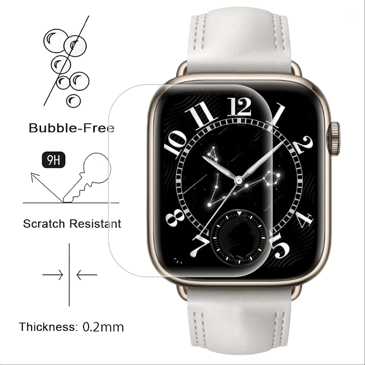 Smartwatch mit weißem Armband und einem schwarz-weißen Zifferblatt. Zeigt eine Uhr und eine Konstellation.
