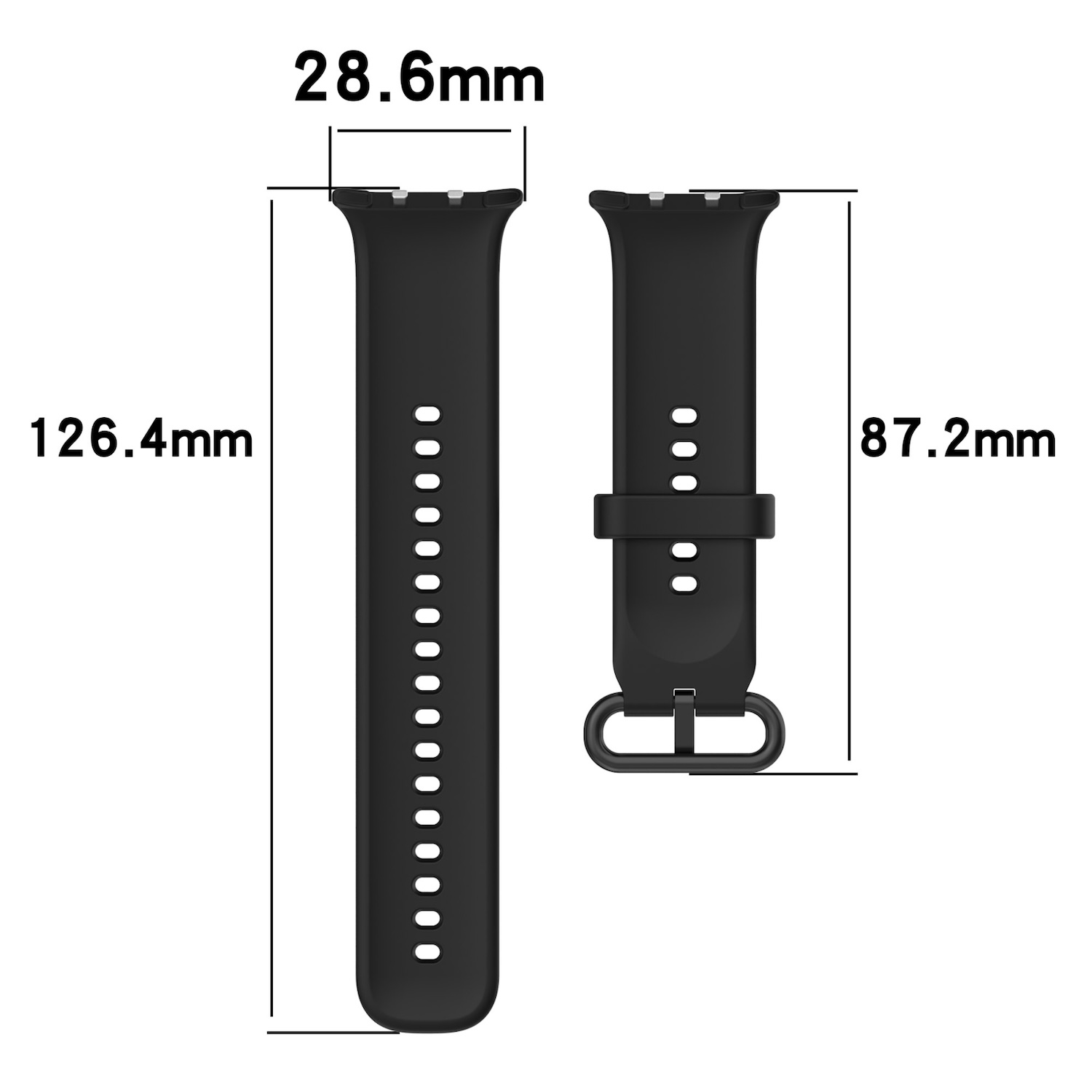 Zwei schwarze Uhrenarmbänder. Eins lang, eins kurz mit Schnalle. Maße in Millimetern sind sichtbar.