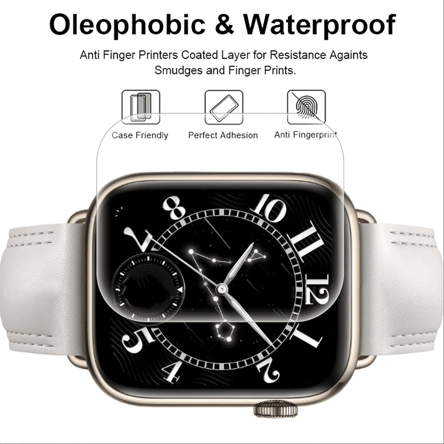 Eine Smartwatch mit aufgebrachter Displayschutzfolie, die Zeit und eine Sternbildgrafik zeigt.