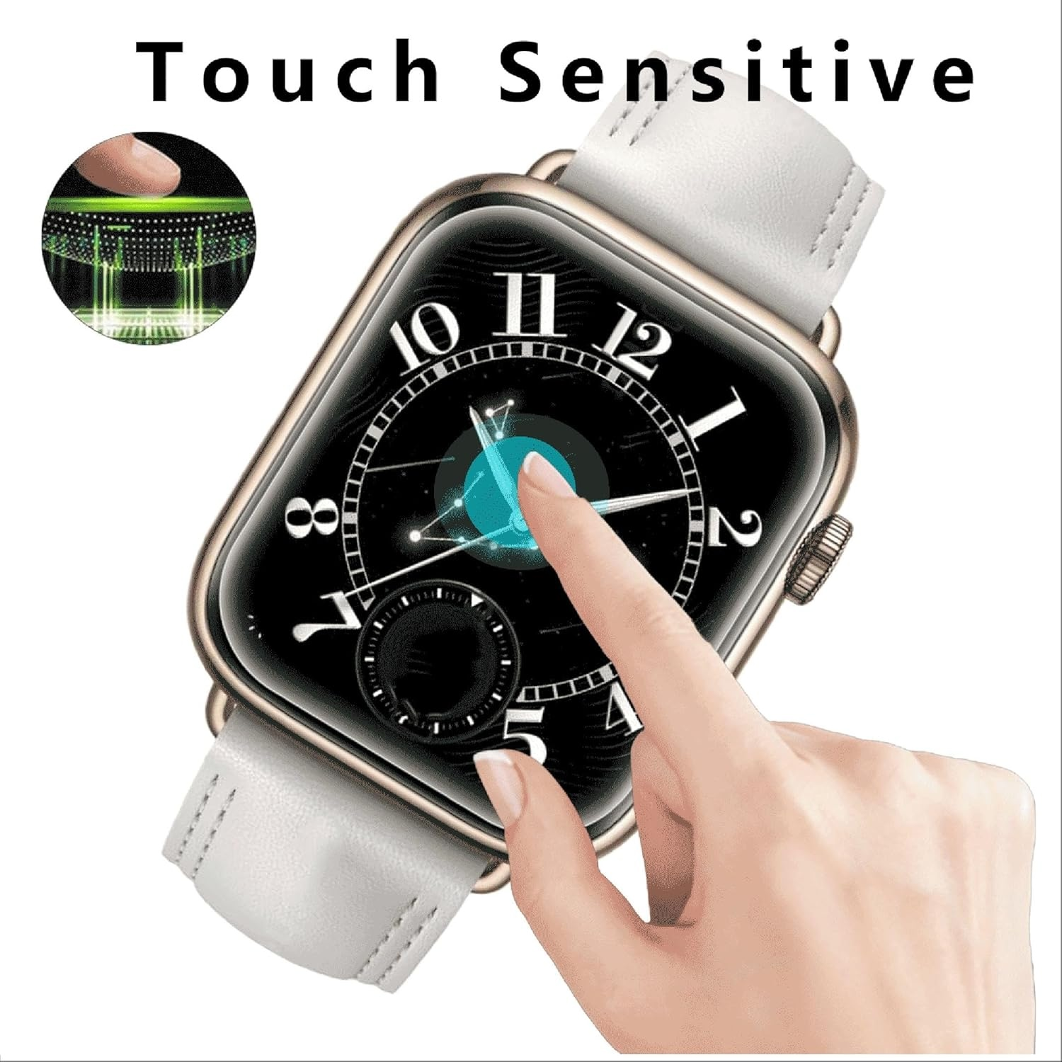 Der Finger einer Person berührt eine Smartwatch. Die Uhr ist weiß mit schwarzem Display.