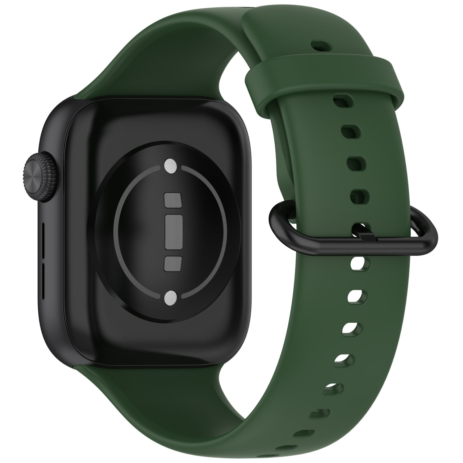 Eine grüne Smartwatch mit schwarzem Zifferblatt und grünem Armband. Das Armband hat eine schwarze Schnalle.