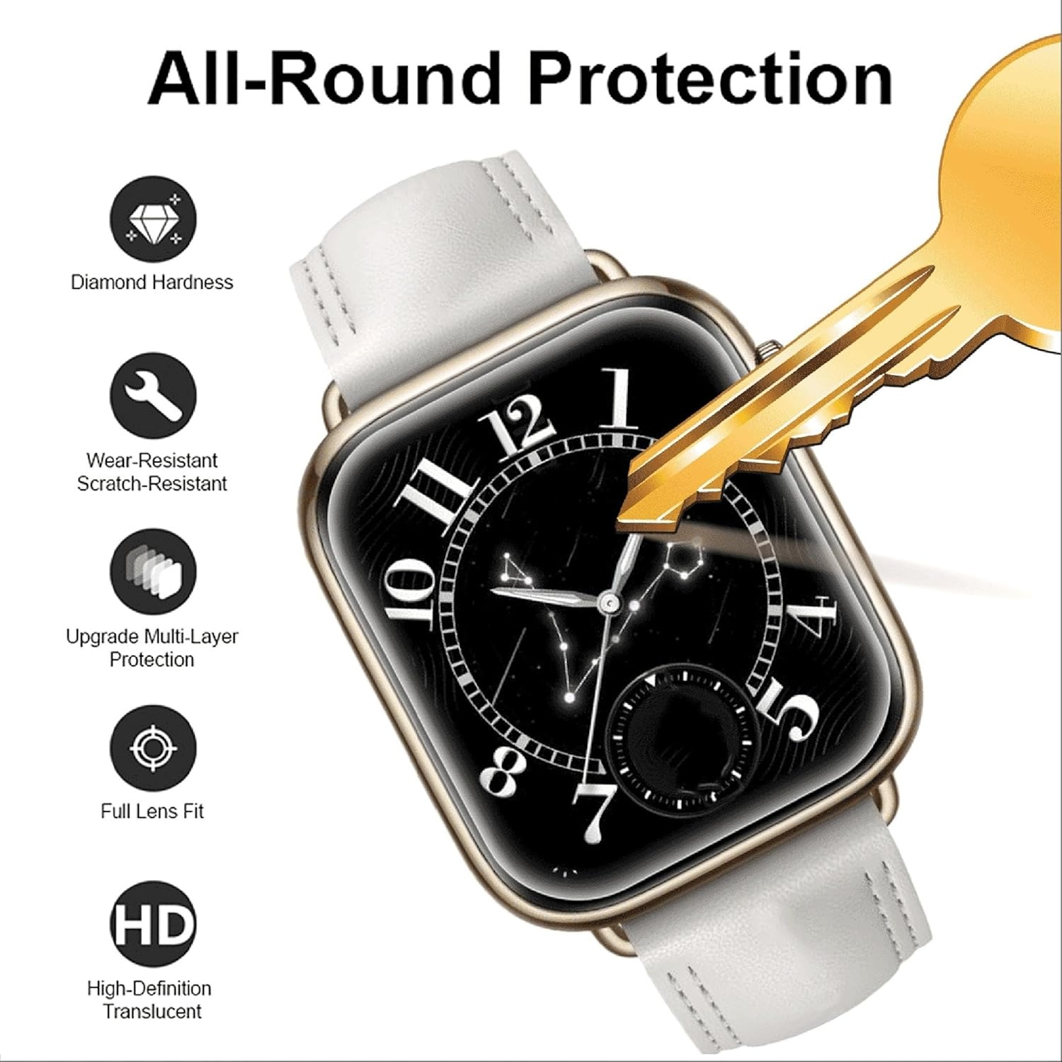 Smartwatch mit weißem Armband, Schlüssel und Symbolen, die Rundumschutz veranschaulichen.