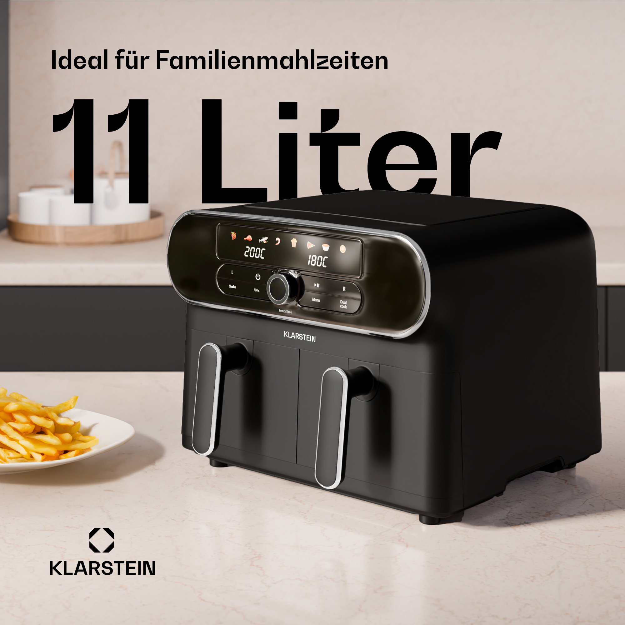 Friggitrice ad aria nera con due cestelli su una superficie bianca, con testo: 11 Litri. Patatine fritte di lato.