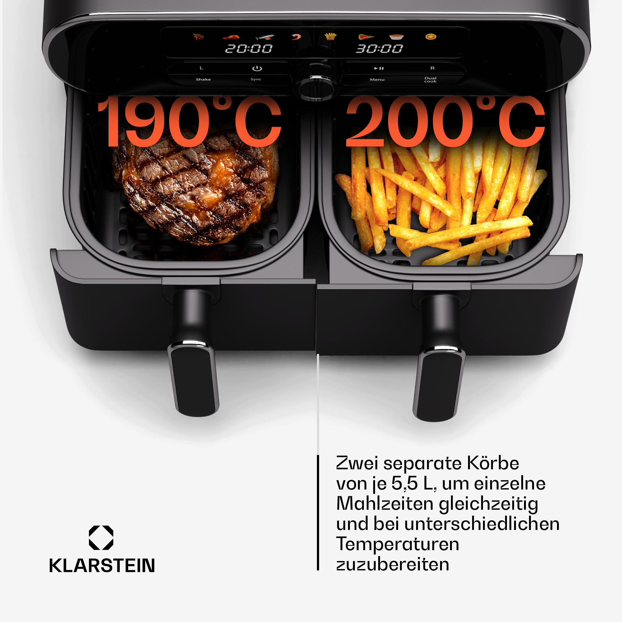 Doppia friggitrice ad aria con cibo nei cestini. Uno con bistecca, uno con patatine fritte. Impostazioni temperatura mostrate.