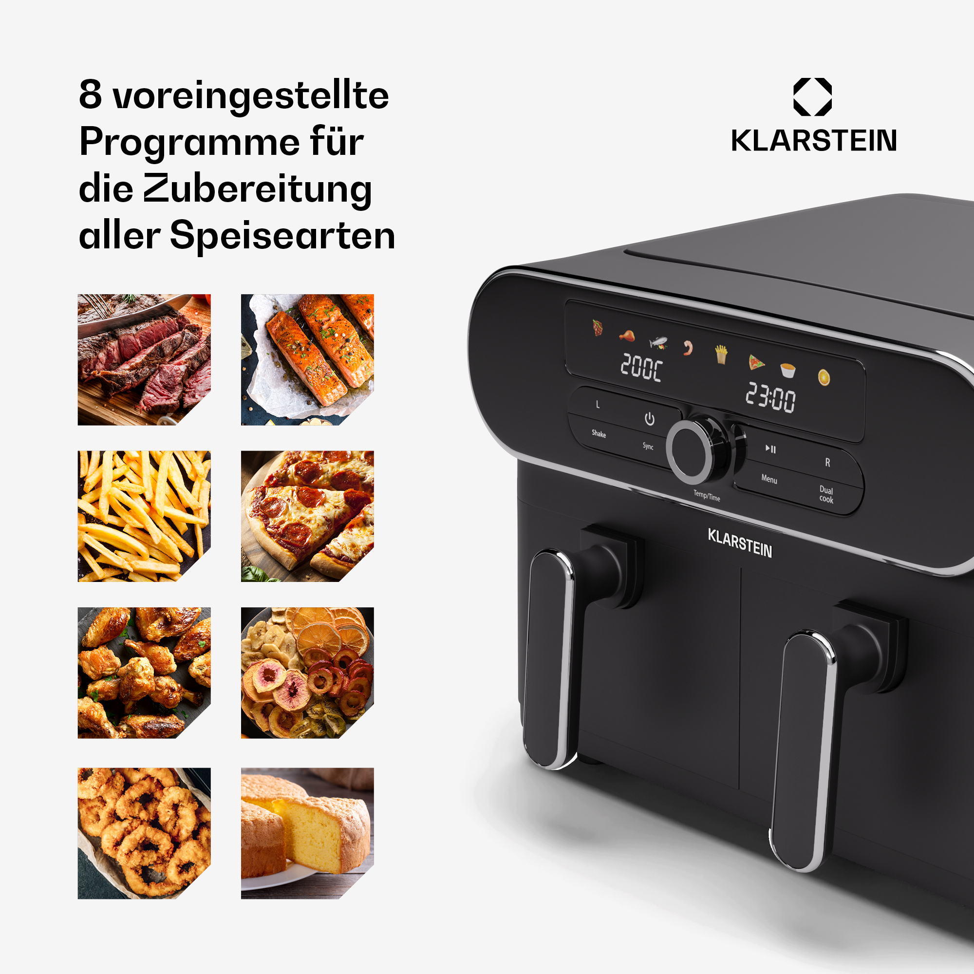 Friggitrice ad aria nera con display digitale che mostra ora e temperatura. Immagini di cibo a sinistra.