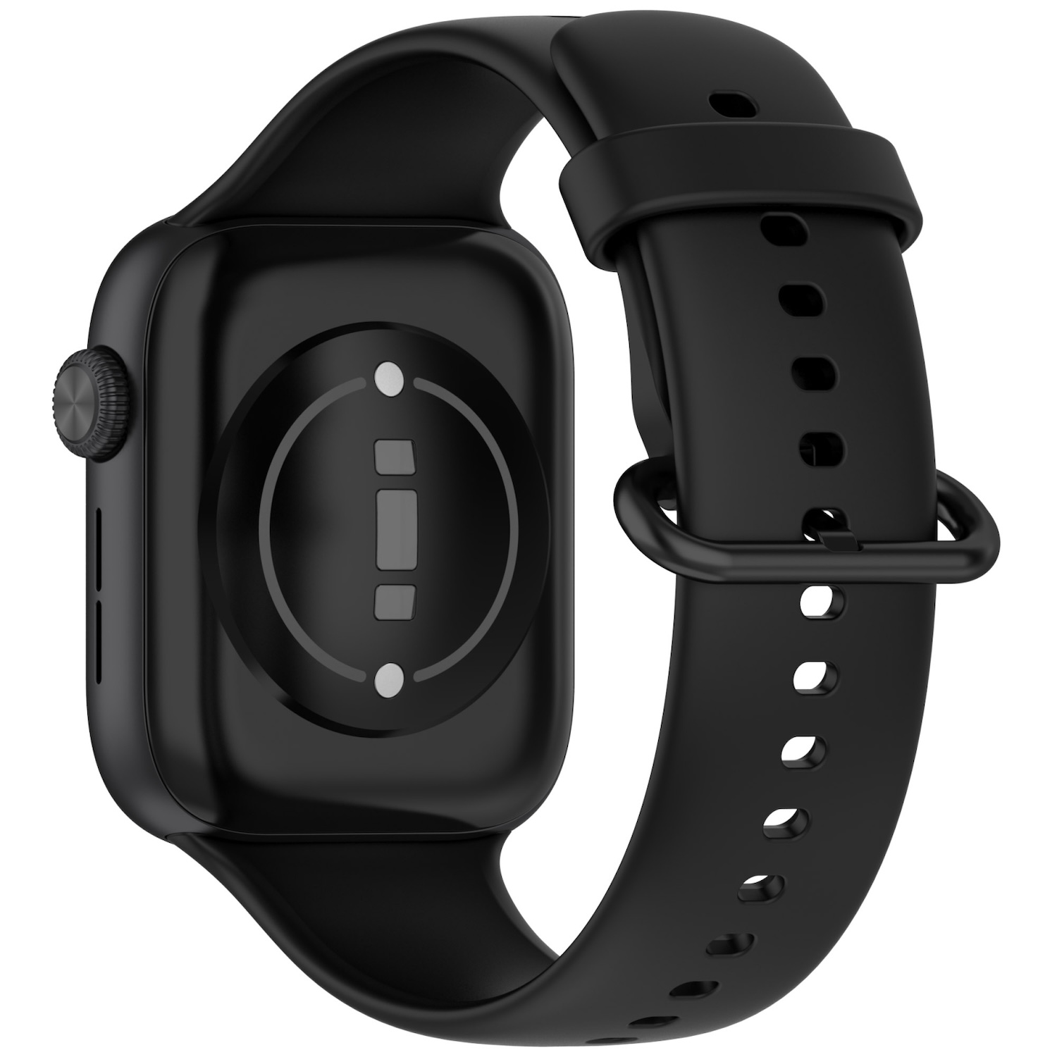Schwarze Smartwatch, Rückseite zeigend, mit schwarzem Armband.