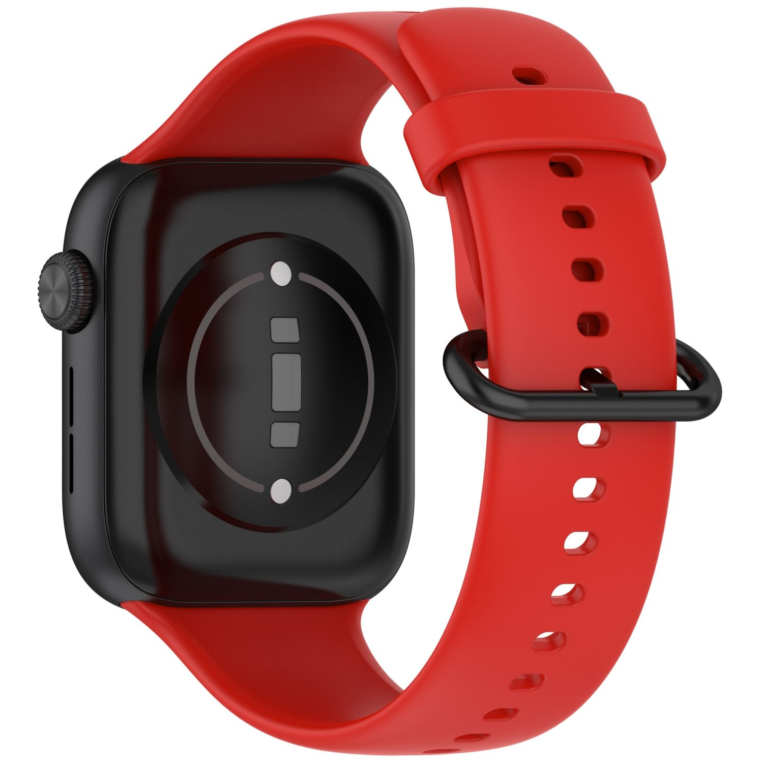 Rückansicht einer schwarzen Smartwatch mit rotem Armband, schwarzer Schnalle und Sensorbereich.