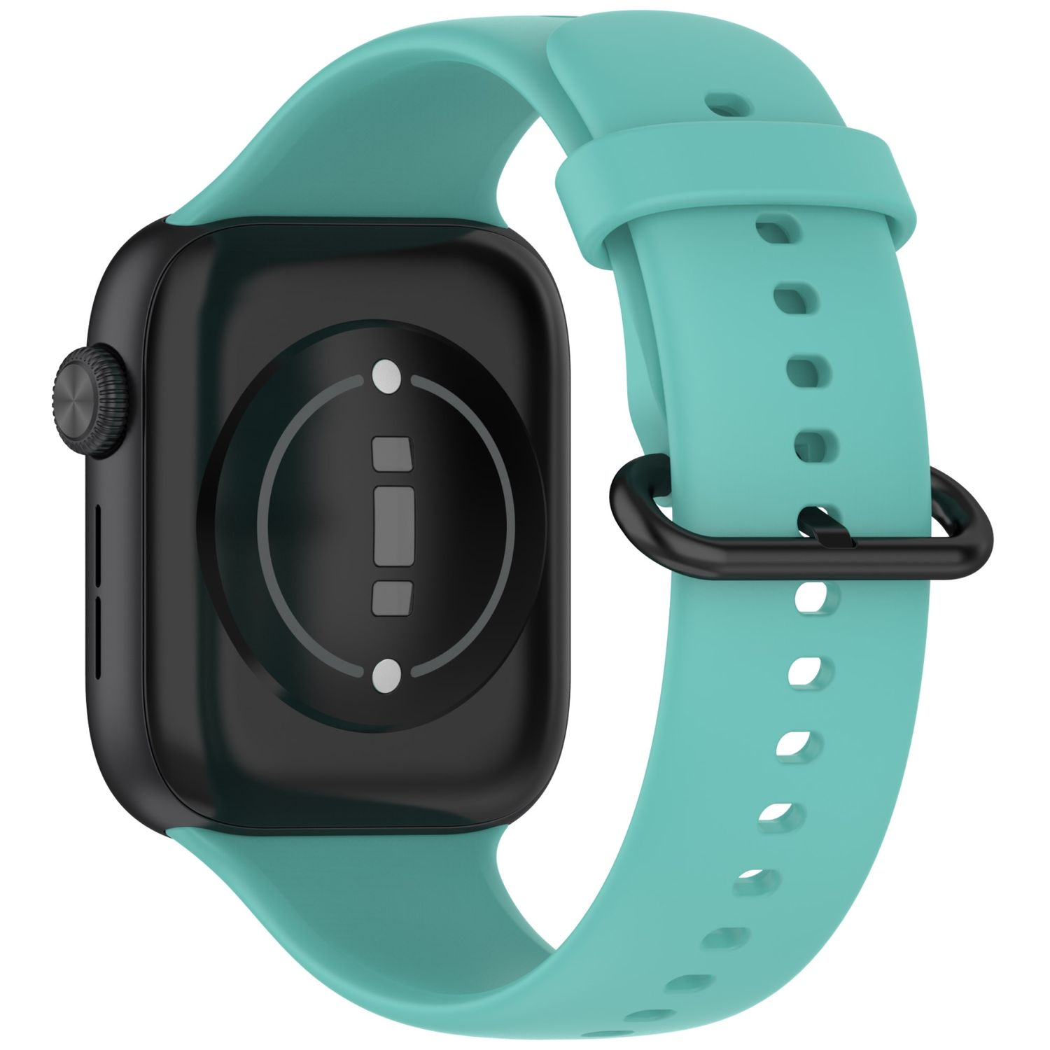 Schwarze Smartwatch mit türkis-farbenem Armband, schwarzer Schnalle und Rückseite.