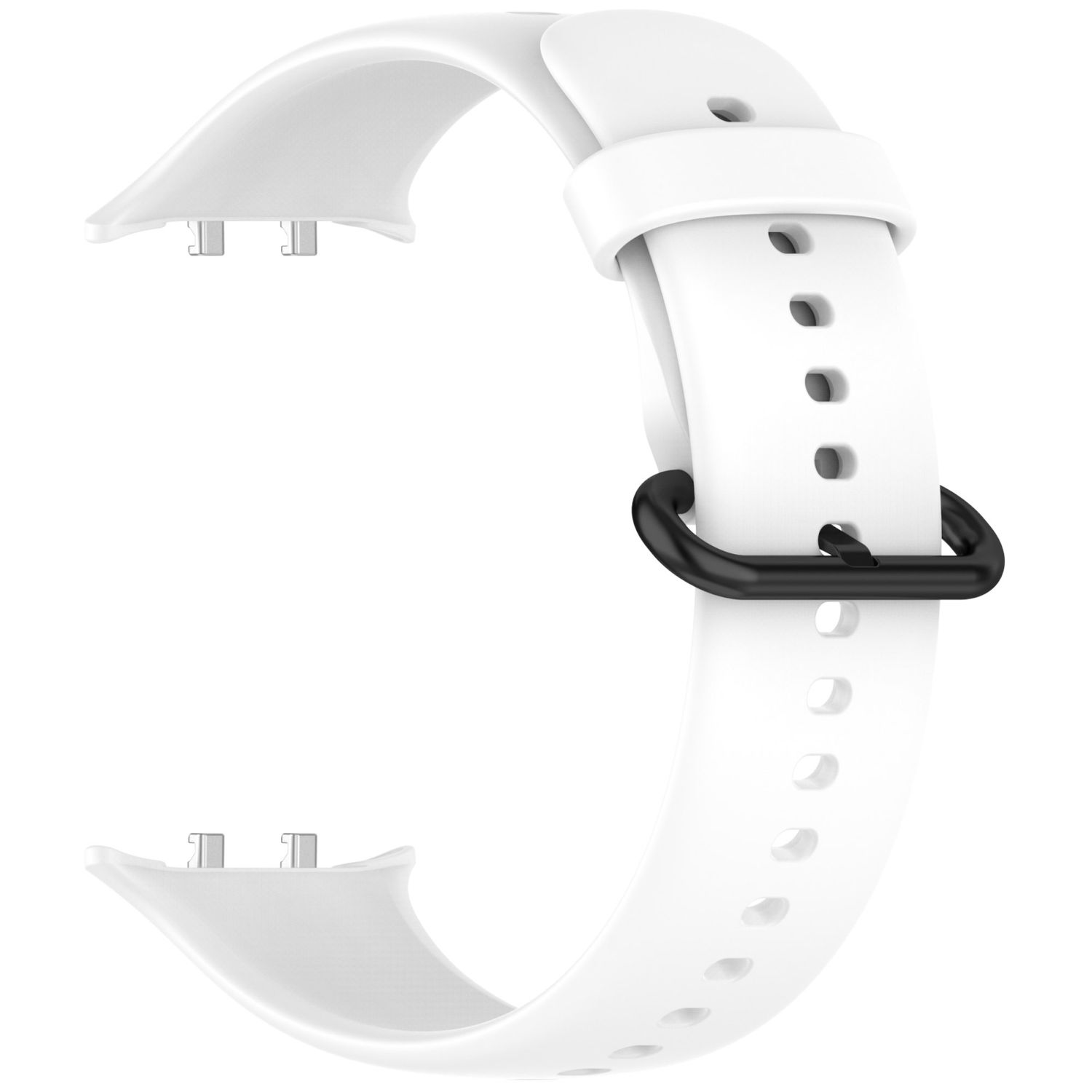 Weißes Uhrenarmband mit schwarzer Schnalle, Nahaufnahme auf weißem Hintergrund.