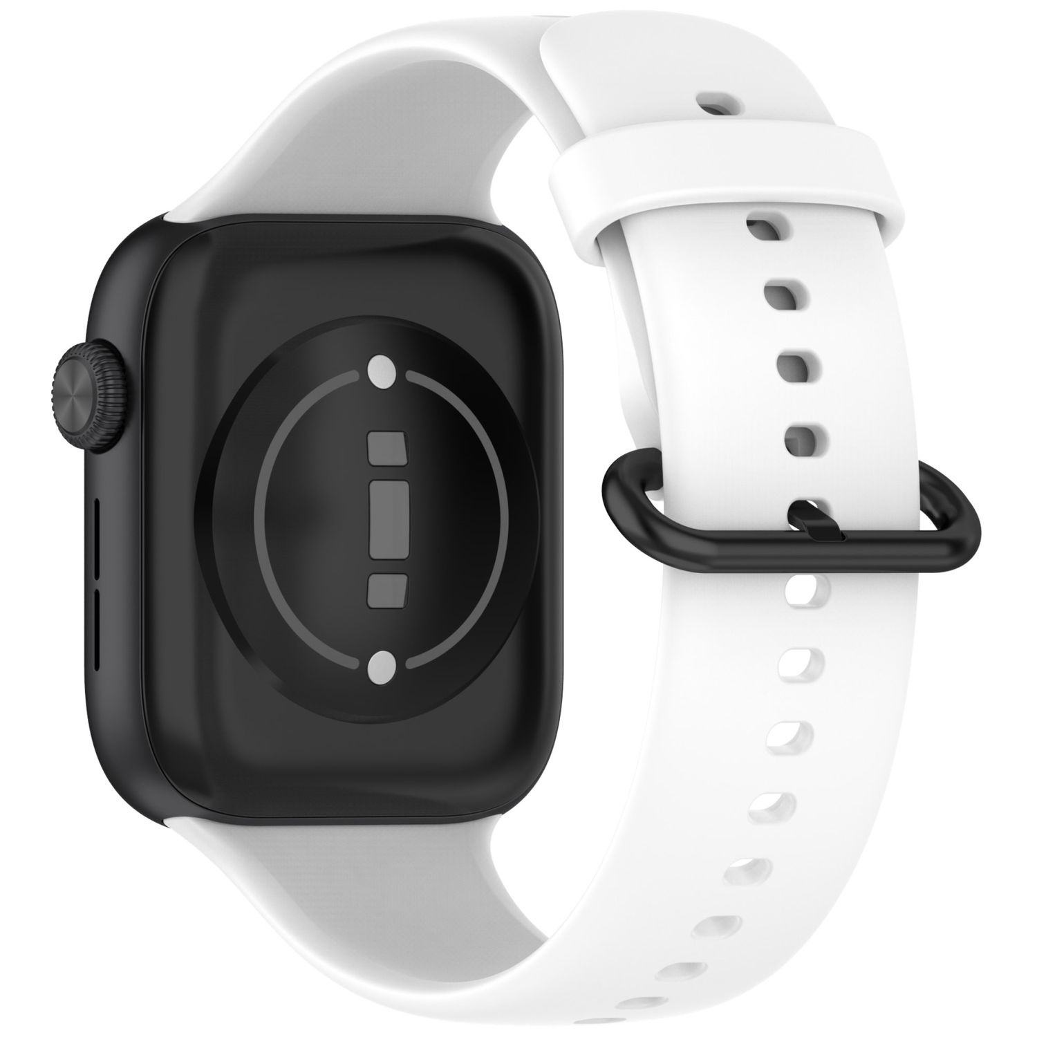 Schwarze Smartwatch mit weißem Armband, Rückseite und weißes Armband.