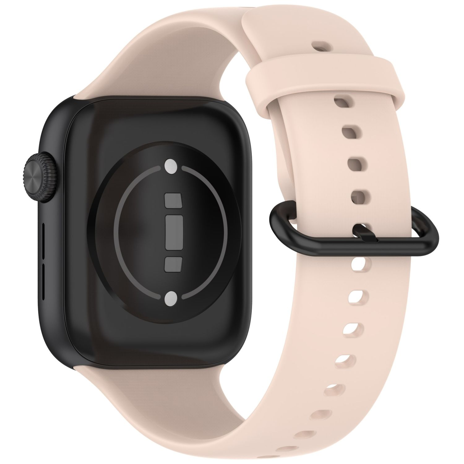 Eine schwarze und hellbraune Apple Watch mit einem hellbraunen Armband.