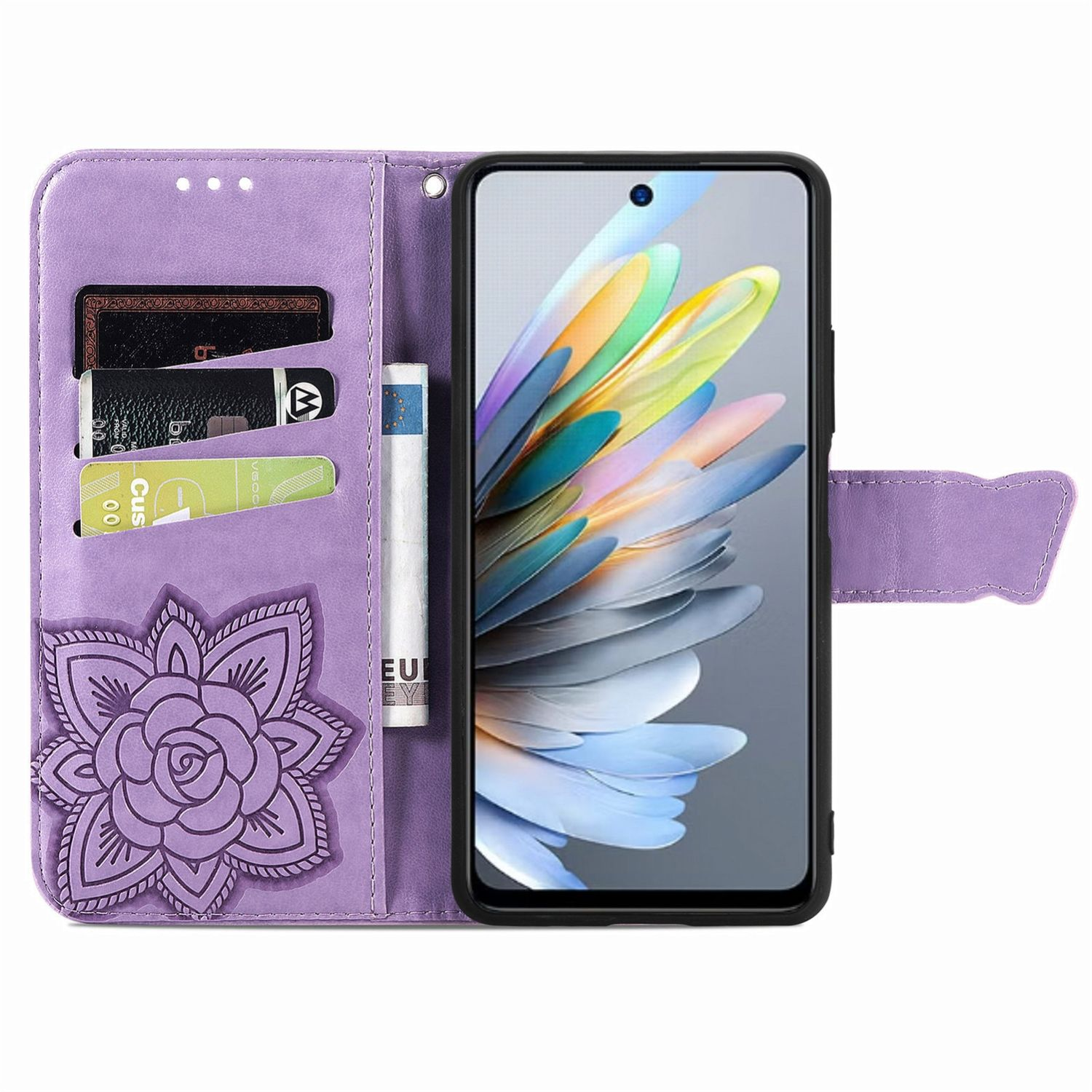 Lila Handy-Wallet-Hülle mit Blumendesign, hält ein Telefon mit buntem Hintergrund.